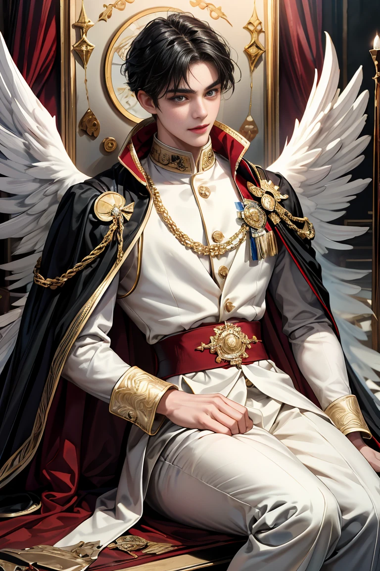 
masterpiece, 最high quality, high quality, 1 boy, alone, Male focus, Watching the audience,  Messy black hair, blue adorable big eyes, White, Noble, Noble, Beautiful angel、A very large, very large, very large, very long red and black cape with a large stand-up collar that reaches down to the floor and is made of a lot of fabric., ,cute beautiful boy,Cute, cute, handsome boy with a gentle smile