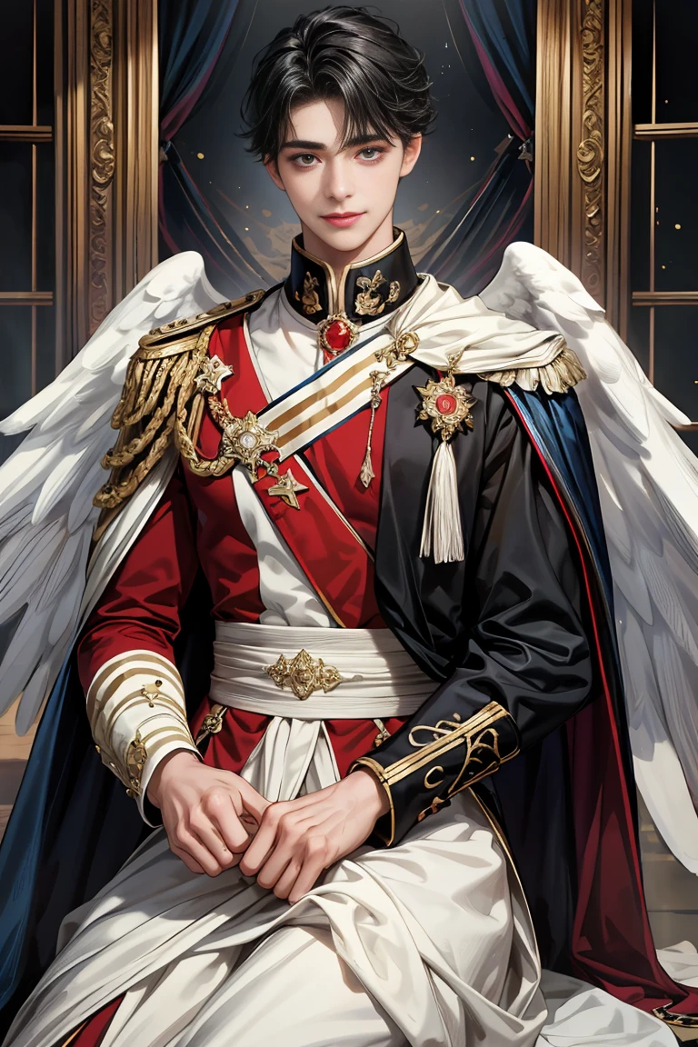 masterpiece, 最high quality, high quality, 1 boy, alone, Male focus, Watching the audience, Messy black hair, blue adorable big eyes, White, Noble, Noble, Beautiful angel、A very large, very large, very large, very long red and black cape with a large stand-up collar that reaches down to the floor and is made of a lot of fabric., 17 years old,cute beautiful boy,Cute, cute, handsome boy with a gentle smile