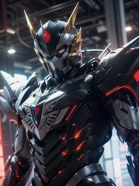 1 giant robot, Mazinger Z, Go Nagai, aesthetic artwork, ((open head for glider position)), yellow eyes, full body, ((black and silver super mazinger robot armor with blue forearms and calves, detail intricate, high level of detail)), ((two red metal zetas on the chest)), (extremely detailed 8K wallpaper), soft lighting, high quality, film grain, sharp focus fujifilm XT3, f 5.6, 50 mm, high level of detail, sharp focus, complex details