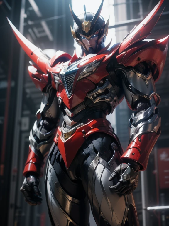 1 giant robot, Mazinger Z, Go Nagai, aesthetic artwork, ((open head for glider position)), yellow eyes, full body, ((black and silver super mazinger robot armor with blue forearms and calves, detail intricate, high level of detail)), ((two red metal zetas on the chest)), (extremely detailed 8K wallpaper), soft lighting, high quality, film grain, sharp focus fujifilm XT3, f 5.6, 50 mm, high level of detail, sharp focus, complex details