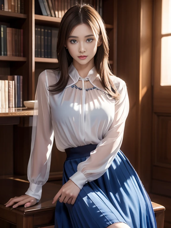 Lover's rental house,English conversation tutor,((full body)),((photo)),((best qualtiy, 8K, tmasterpiece:1.3)), Focus:1.2, perfect figure beautiful girl:1.4,1girl,cowboy shot,look at viewer, eyes facing the camera,incredibly absurd, beautiful and cute girl with a photorealistic face, showcasing top-quality craftsmanship, A half-Japanese, half-American woman sitting at a low table in a client's room teaching English, 23 years old, long brown wavy hair with long bangs, swept to the side, in a low ponytail, large light brown eyes with double eyelids, long eyelashes, small nose, plump pink lips, white teeth, impressive smile, gentle atmosphere, fair and smooth skin, plump rosy cheeks, well-defined facial features, glamorous, feminine curves, medium build, long fingers, narrow shoulders, slim waist, large G-cup breasts, silver-rimmed glasses, white blouse, tight black skirt, beige scarf, silver necklace, ring, watch, half-Japanese, pretty older woman, pretty, glasses suit her, cute voice, kind, stubborn, considerate, serious, responsible, curious, positive, June