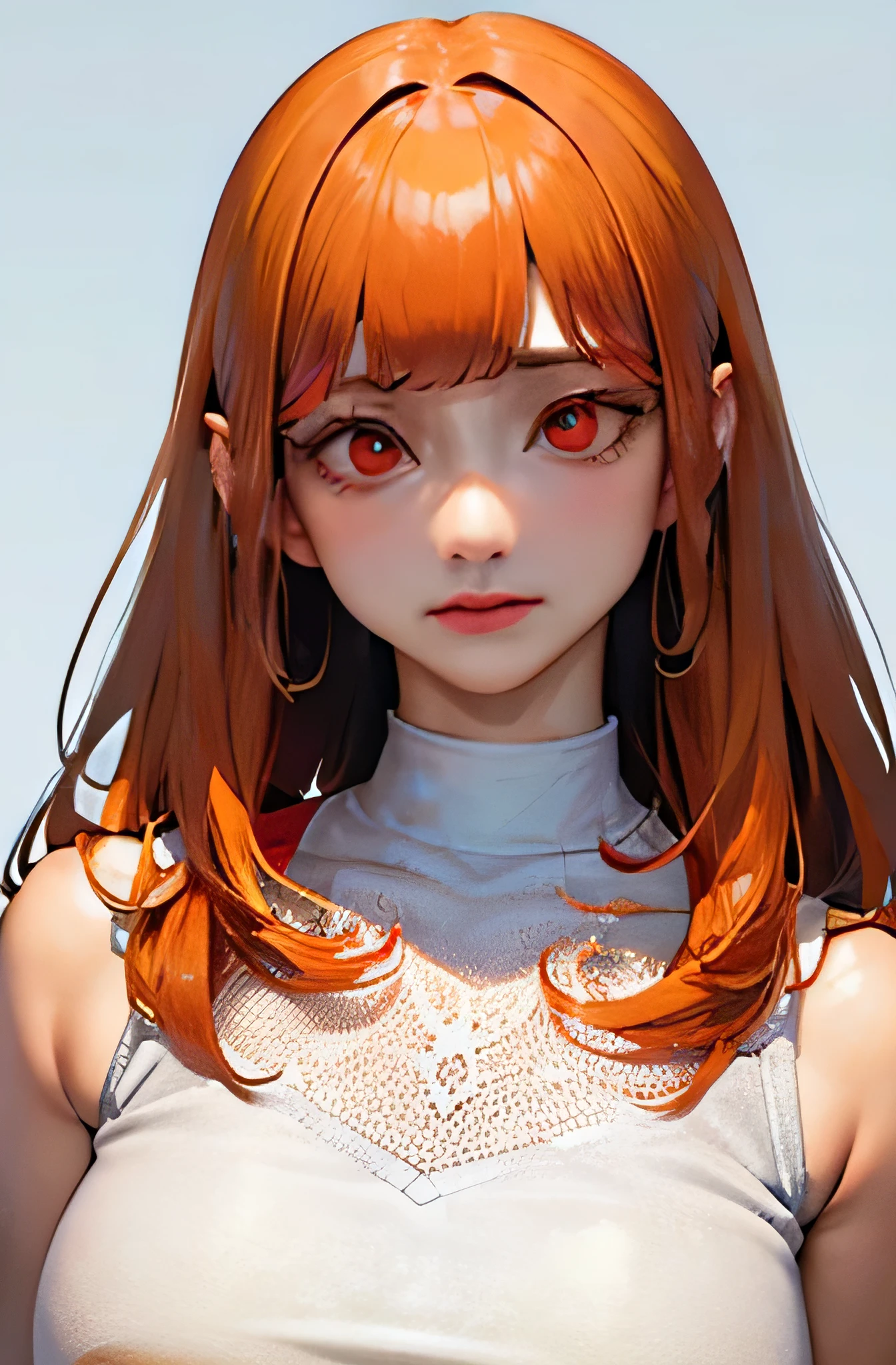 /*General image quality*/ (8k, RAW photo, best quality, masterpiece:1.2), ultra detailed, ultra high res, high-resolution,(realistic, photo realistic:1.4),depth of field, realistic shadow, caustics, natural shading, photon mapping, fine-textured, perfectly focused,
/*Detailed image quality*/ cinematic lighting, soft lighting, HDR, SIGMA 24 mm F/2.8, ISO 400, 1/125 sec shutter,an extremely delicate and beautiful, extremely detailed, 8k wallpaper, Amazing, finely detail, huge file size, extremely detailed CG, unity 8k wallpaper, official art, perfect artwork, production art, 
BREAK
/*figure*/
1girl, (20 years old:1.2), cute girl, pretty girl, perfect idol, kawaii,realistic body, , gravure model,realistic skin texture, fair skin, shiny skin, slender body, good figure, gleaming skin,
BREAK
/*system*/
glamorous,tall,large breasts,
BREAK
/*Hairstyle*/
(((((blunt bangs))))),(((((orange hair))))),(((((straight hair))))),(((((long hair))))),
BREAK
/*eye*/
beautiful eyes,(((((red eyes))))),
BREAK
/*expression*/
(((((rolling eyes))))),
BREAK
/*Pause*/
arms behind back,
BREAK
/*angle*/
upper body,
REAK
/*place*/
white background,
BREAK
/*Brightness*/
sunlight,