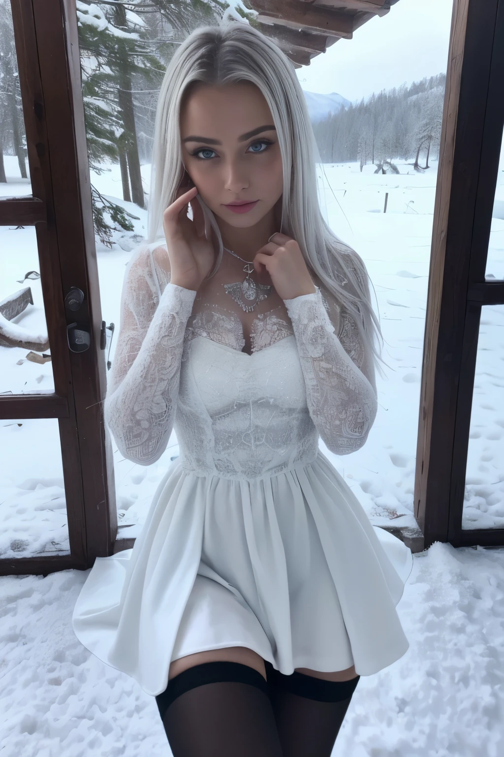 Meisterwerk, best quality, 12 year old Russian girl, jung, Hands in Esposas (FrauEhefrauBlonde , wellig, Mittellanges Haar ohne Styling., Schnee auf nassem Haar , Short dress with long sleeves., Armband am linken Handgelenk, Halskette um den Hals, Black openwork stockings, High Heels, His skin was covered with goose bumps., Kniend im tiefen Schnee inmitten eines Winterwaldes, in die Ferne schauen, verschneiter wilder Wald, Hace kalt, schneit, pretty face, Wenn es friert, die Lippen werden blau, thin body, wohlgeformte Beine, Dampf aus dem Mund, tears en los ojos, Verteilen Sie Mascara um Ihre Augen. ,Stunned, frightened look ,tiefer Schnee, Die Schneeflocken fallen, The body turns red ,kalt, tears, Hysterismus, Furcht, Bitten um Gnade, wolliges Fell,hand weg