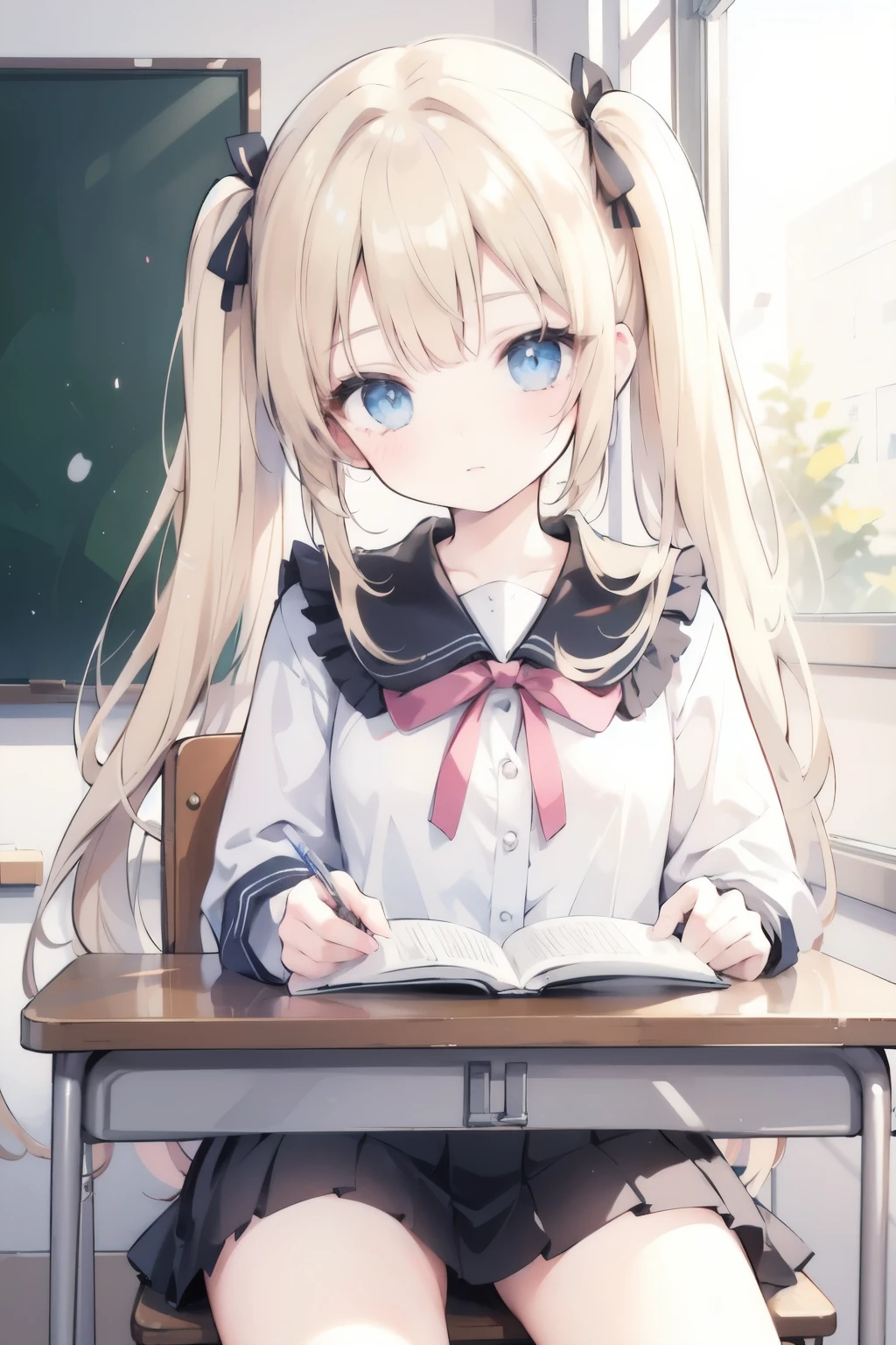 ((best quality)), ((masterpiece)), (detailed), perfect face, twintails, blonde hair, ribbon on twintails, blue eyes, , curious face, (blush:1.2), sitting on desk, classroom, bokeh background, telephoto, 1girl,