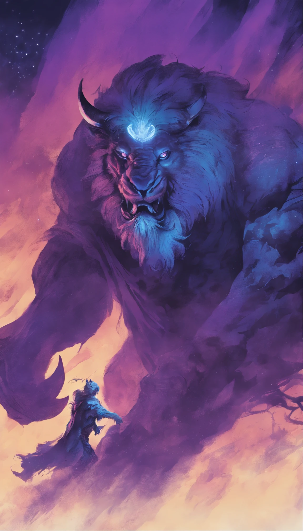 The battle between the saber-toothed bison in the fantasy world and the saber-toothed lion in the fantasy world,Emanates a blue-purple color,Glow effect,night,-La André,Like a whole body, Highly detailed surreal VFX,oc,mother