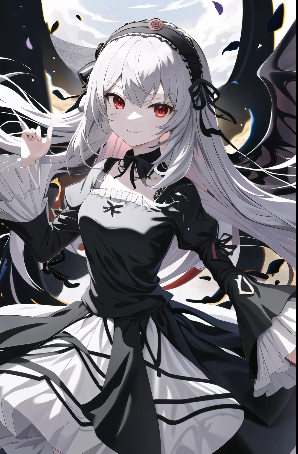 masterpiece, highest quality, High resolution, sui1, One girl, alone, suigintou, Red eyes, Long Hair, Gothic Dress, Gray Hair, Rose hair ornament, Long sleeve, gothic hair band, ribbon, Black Dress, Black wings, Cowboy Shot, wariza, smile, Reaching out, Spread your arms,