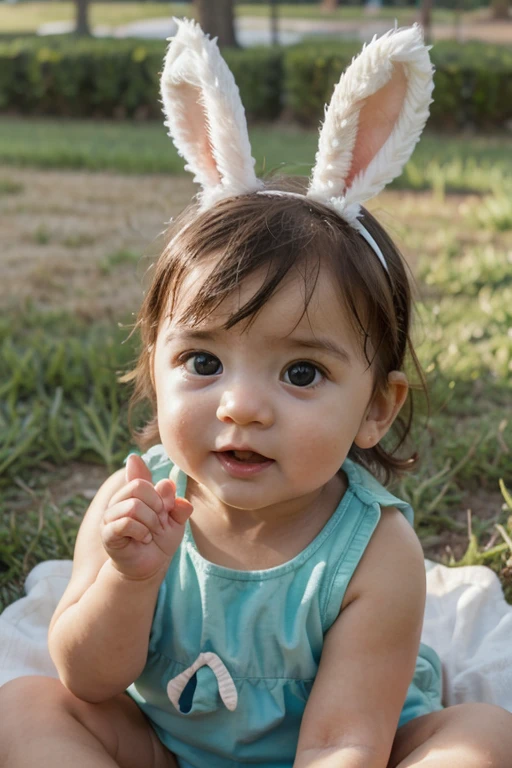 a close up of a baby, with bunny rabbit ears, green grass background