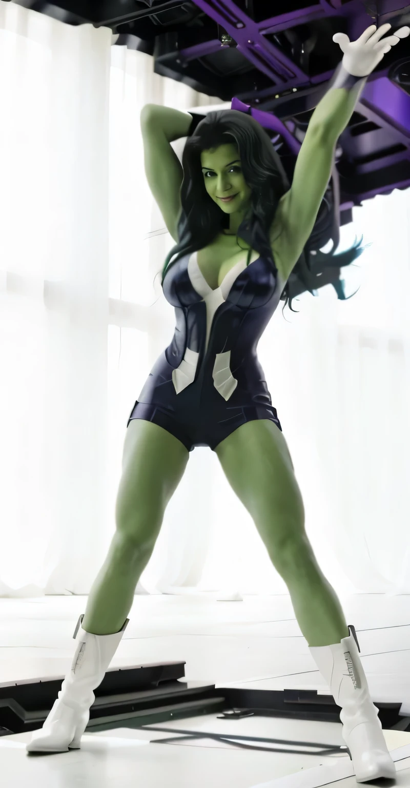 Hot she Hulk wearing fantastic four costume, white boots, white gloves, volumous hair, big breasts,