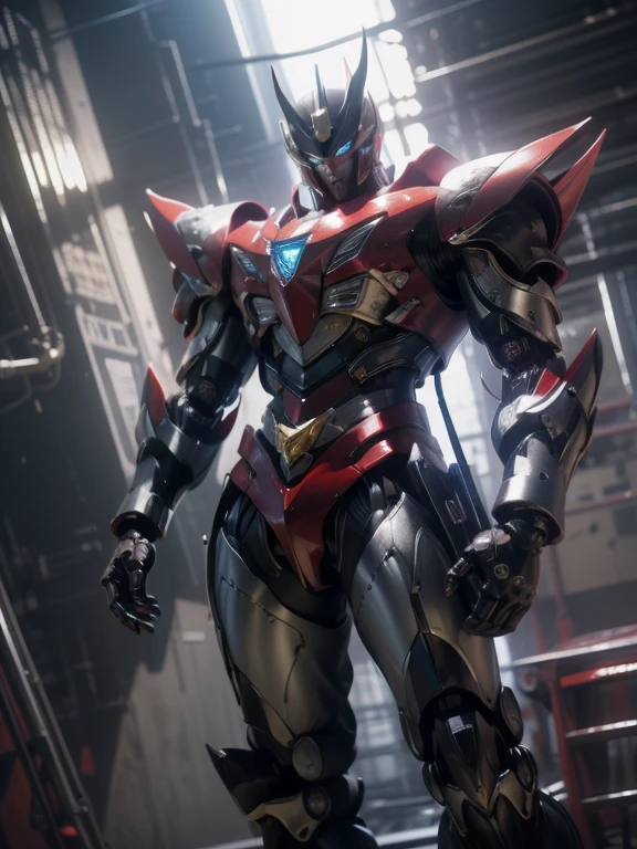 1 giant robot, Mazinger Z, Go Nagai, aesthetic artwork, ((open head for glider position)), yellow eyes, full body, ((black and silver super mazinger robot armor with blue forearms and calves, detail intricate, high level of detail)), ((two red metal zetas on the chest)), (extremely detailed 8K wallpaper), soft lighting, high quality, film grain, sharp focus fujifilm XT3, f 5.6, 50 mm, high level of detail, sharp focus, complex details