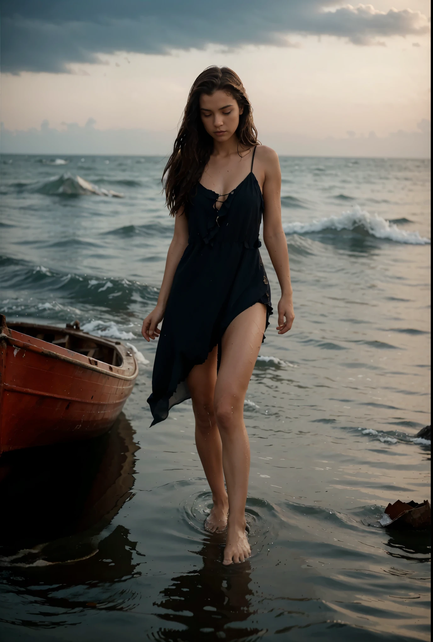 reference sheet: 1.8, great details, high quality, masterful work, a beautiful girl walks along the surface of the water at dusk, gloomy atmosphere, wet dress, gloomy background, River, stones, Dry trees, girl in a wet dress, barefoot, bare legs, got lost, girl in search, in a torn dress, torn clothes, torn fabric, pieces of cloth, came ashore after a shipwreck, shipwrecks float in the distance, wounds and abrasions on the body, walks and limps, in search of accommodation and food, a seriously wounded girl in scraps of dress and torn fabric, holds the wet hem of her dress with one hand, wounded body, seriously wounded girl can barely walk, boat from the side, ship wreck boat wreck