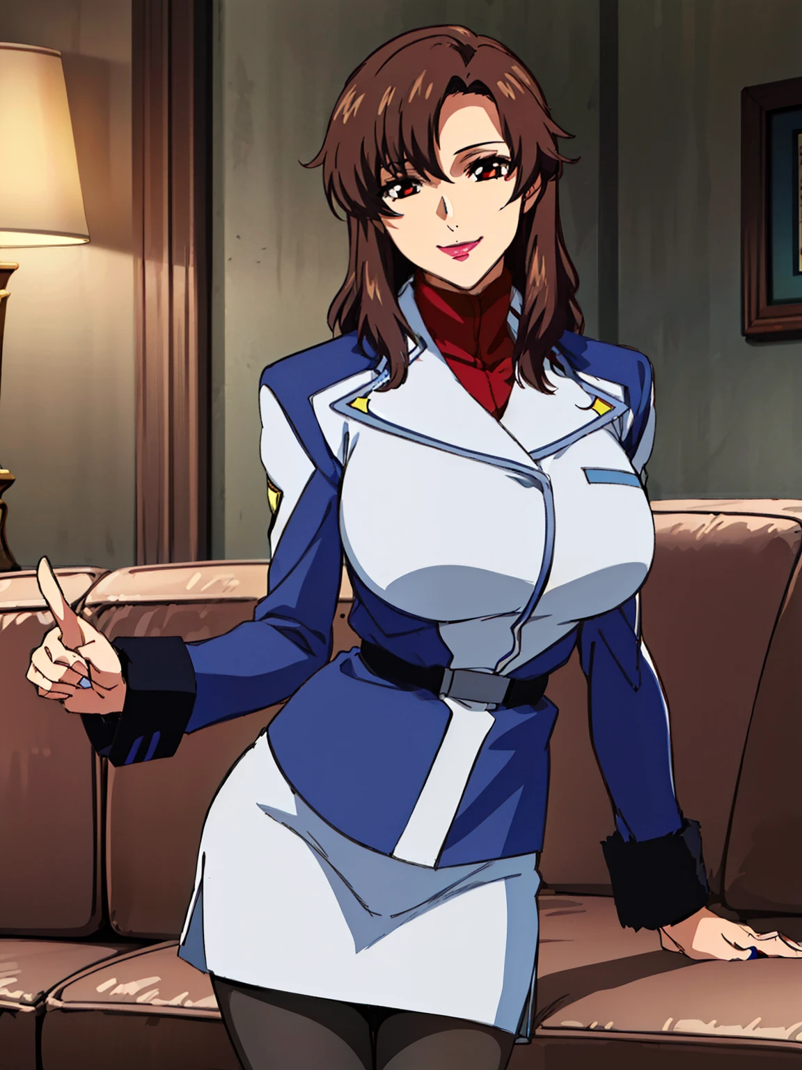 (livingroom background), sexy pose, military uniform, military,jacket,blue and white uniform, (topless), Skirt, (black_pantyhose:1.3), Murrue Ramius, mature woman, anime cels style, best quality, high resolution, 1girl, (huge breasts:1.2), beautiful face, Beautiful Finger, Beautiful long legs, Beautiful body, Beautiful Nose,Beautiful character design, bangs, brown hair, long hair, red eyes, lipstick, makeup, (cowboy shot), smiling, looking at viewer