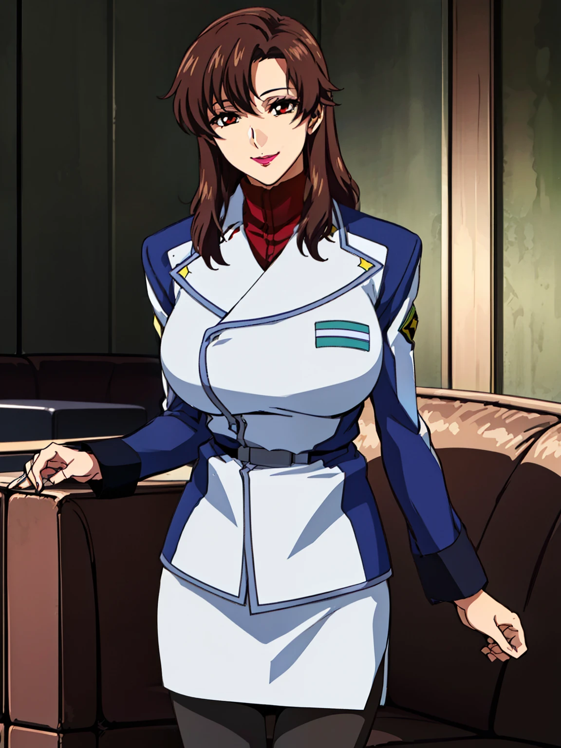 (livingroom background), sexy pose, military uniform, military,jacket,blue and white uniform, (topless), Skirt, (black_pantyhose:1.3), Murrue Ramius, mature woman, anime cels style, best quality, high resolution, 1girl, (huge breasts:1.2), beautiful face, Beautiful Finger, Beautiful long legs, Beautiful body, Beautiful Nose,Beautiful character design, bangs, brown hair, long hair, red eyes, lipstick, makeup, (cowboy shot), smiling, looking at viewer