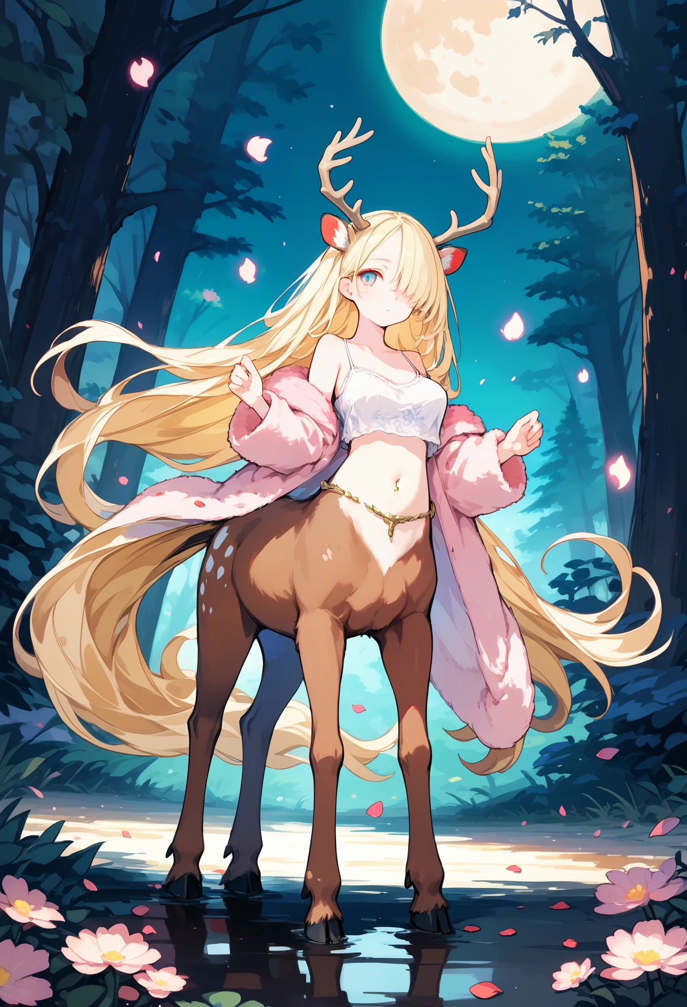 score_10,score_9_up,score_8_up, ,, full body,(fictional character,female centaur white deer),blonde hair,navel,expressionless, silky hair,absurdly long hair,belly chain,hair over one eye, hands up, in maigc forest,large breasts,walking,crop top overhang white camisole, night,dappled moonlight, moon,off shoulder fur coat,long pink coat,collarbone,looking at viewer, bottomless,glowing floating petals flower,no pants,
