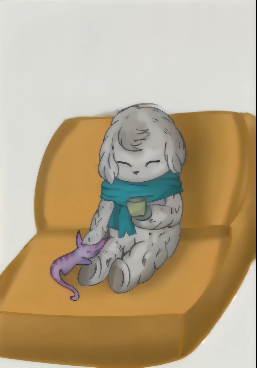 cartoon drawing of a cat sitting on a couch with a scarf around its neck, professional furry drawing, fursona art, relaxing after a hard day, fursona!!!!, relaxing on the couch, sitting on the couch, relaxing, sitting in a lounge, relaxing on a couch, in a comfortable chair, fursona furry art commission, sitting on couch