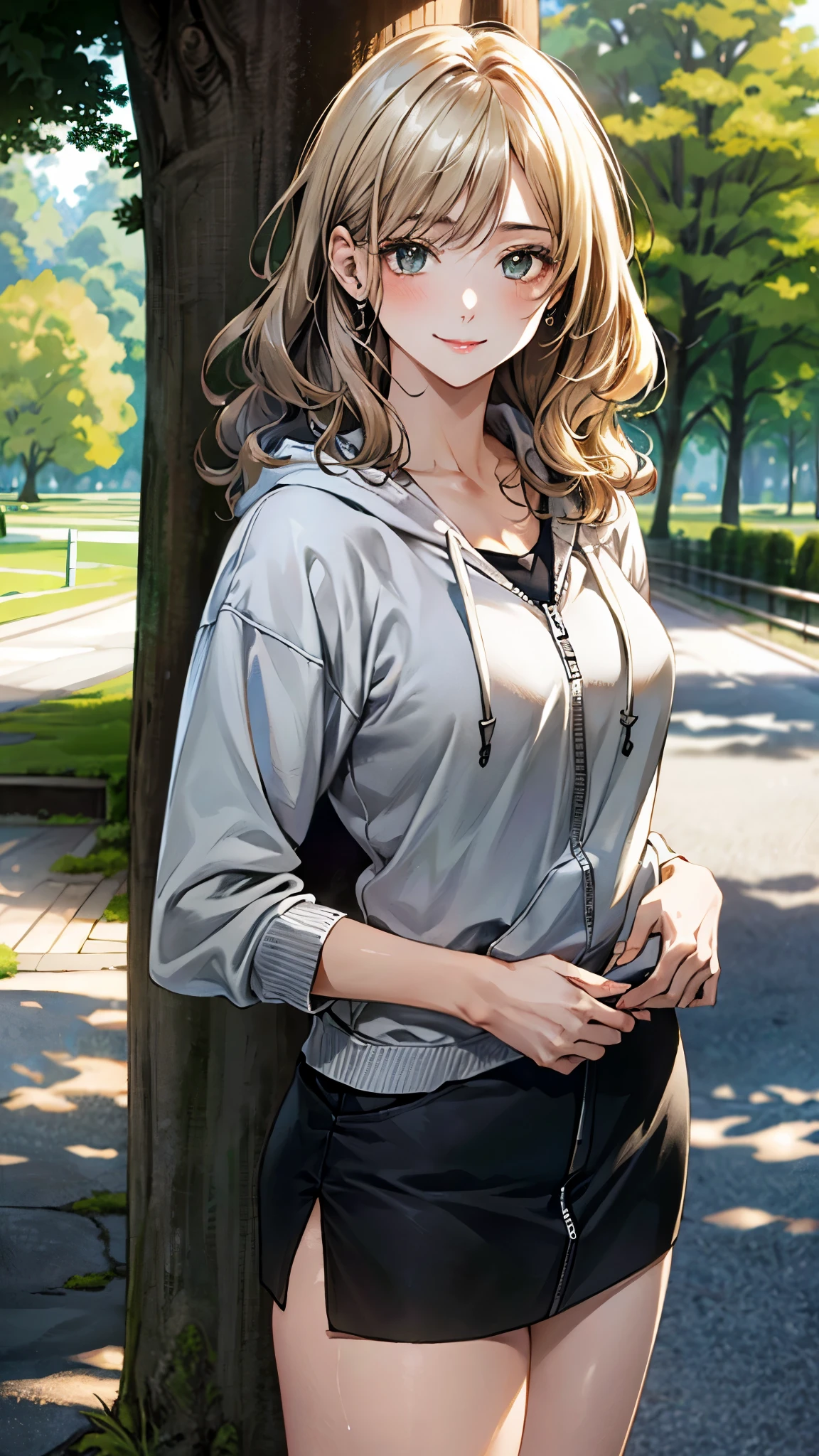 (masterpiece:1.2, top-quality), (realistic, photorealistic:1.4), beautiful illustration, (natural side lighting, movie lighting), ,
beautiful hair, beautiful face, beautiful detailed eyes, beautiful clavicle, beautiful body, beautiful chest, beautiful thigh, beautiful legs, beautiful hands,
looking at viewer, full body, front view, 1 girl, 16years old, japanese, perfect face, perfect anatomy:1.3, cute and symmetrical face, shiny skin,
(middle hair:1.8, wavy hair, (blond hair)), asymmetrical bangs, dark green eyes, long eye lasher, (large breasts:1.6, thin waist, thick thighs),
((gray zip up hoodie hood:1.8, black denim skirt)), white panties:1.6,
(beautiful scenery), morning, (village, trees), standing, (seductive smile),