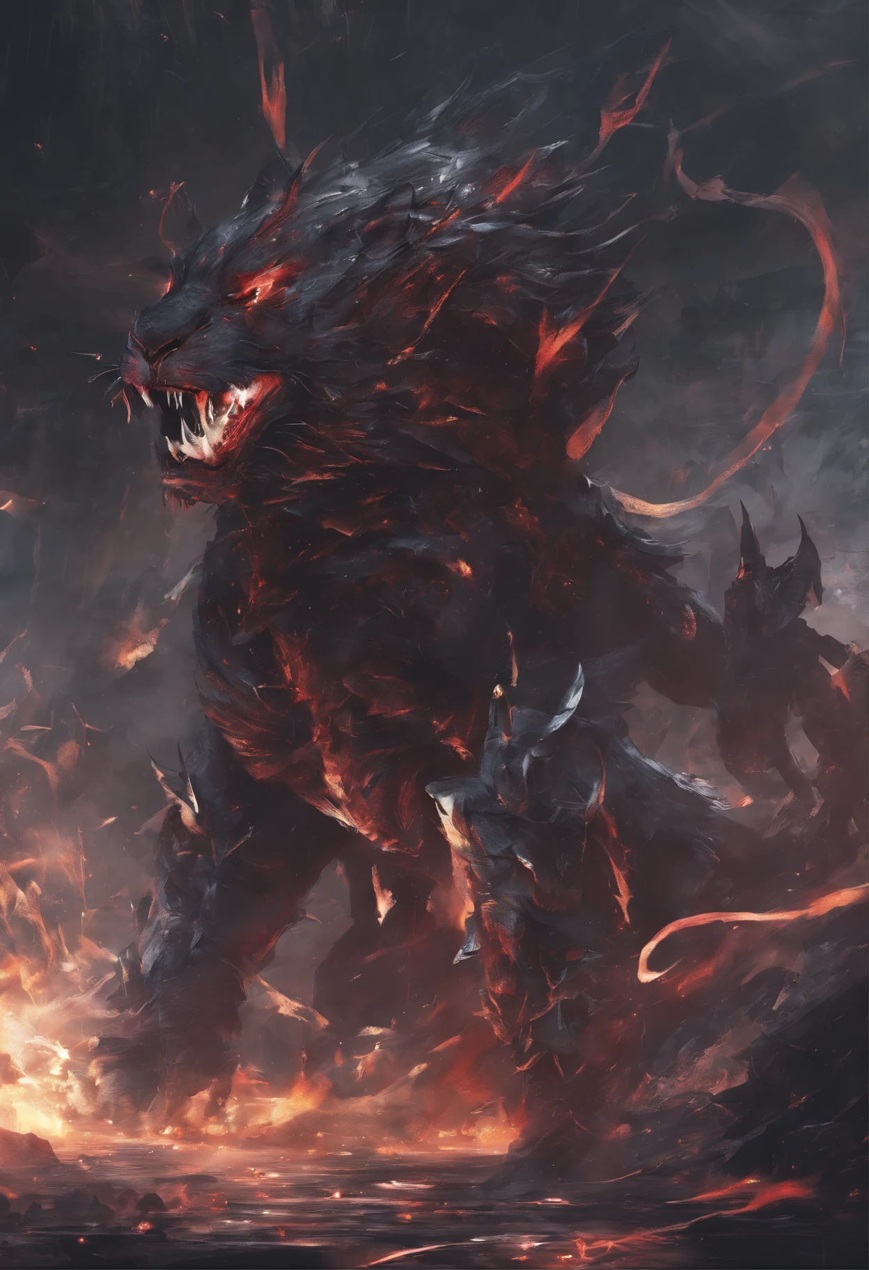strange monsters in fantasy world，Saber Tiger，Long canines，strong limbs，enveloped in flames，Blood，A night covered in thick spikeedium shot scenes，Like the whole body， Highly detailed surreal VFX，OC Rendering，Shot with a 70mm AR16:9 --q 2 --s 1000