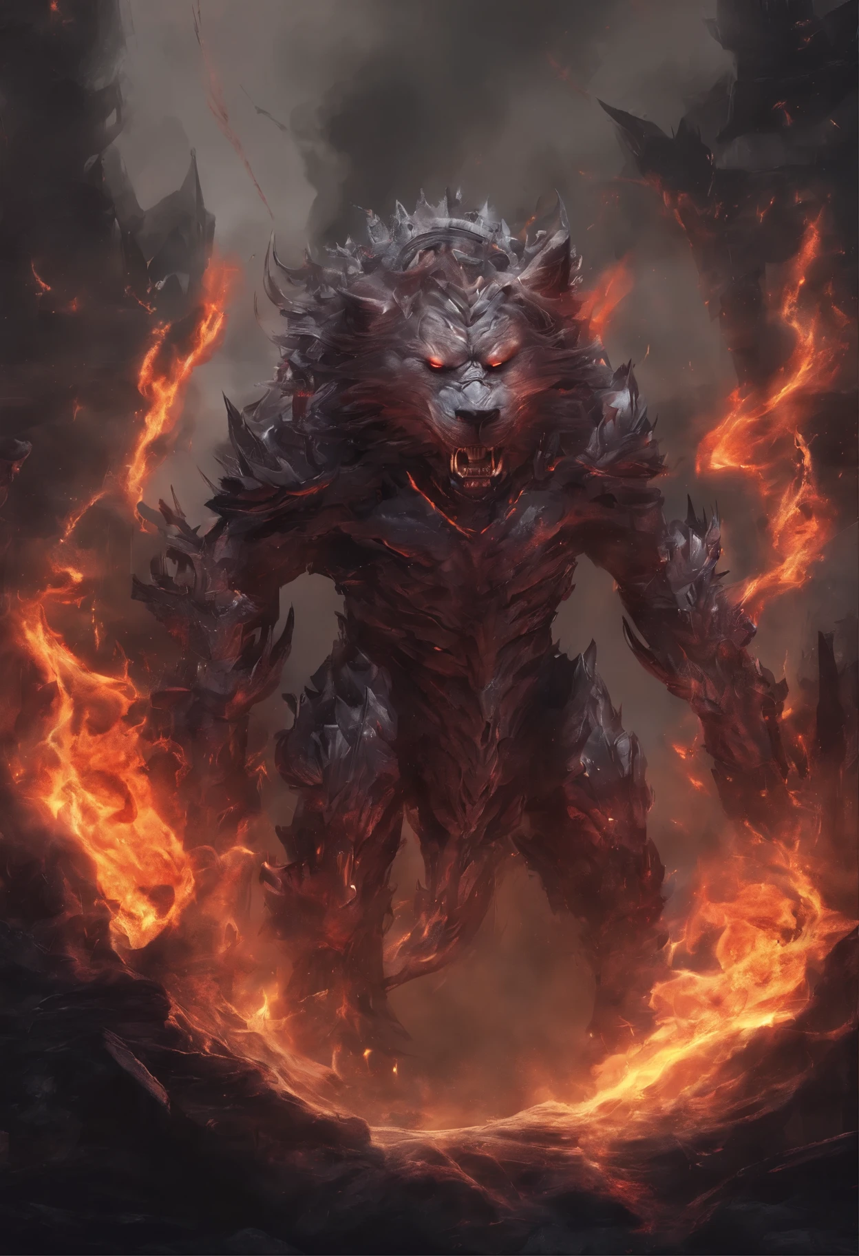 strange monsters in fantasy world,Saber Tiger,Long canines,strong limbs,enveloped in flames,Blood,A night covered in thick spikeedium shot scenes,Like the whole body, Highly detailed surreal VFX,OC Rendering,Shot with a 70mm AR16:9 --q 2 --s 1000