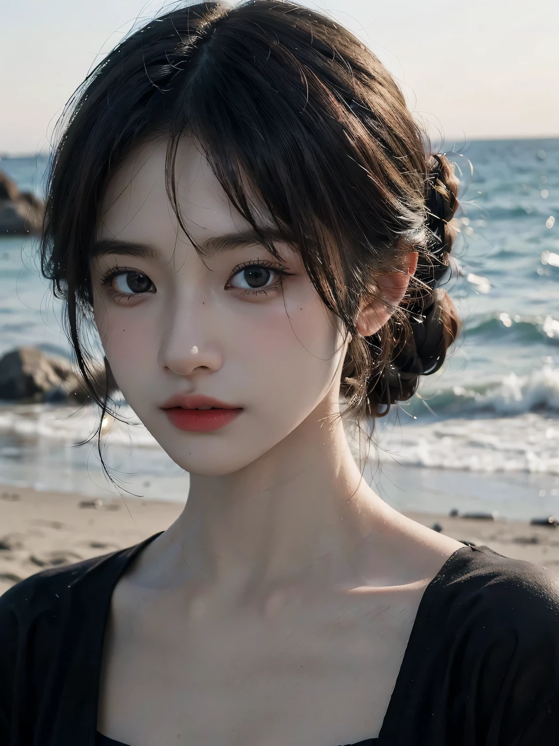 1girl, (looking at viewer:1.2), detail face, (a girl standing, rending on cgsociety, black shadows, Beach backdrop), romanticism, atmospheric, (RAW photo, best quality), (realistic, photo-realistic:1.3), masterpiece, an extremely delicate and beautiful, extremely detailed,