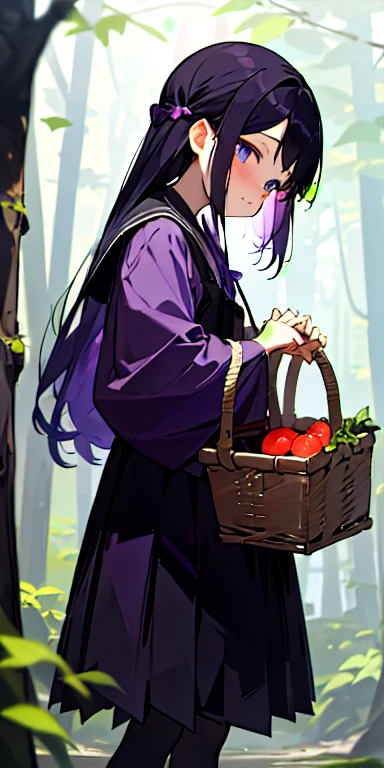 A very cute girl appeared wearing purple and black clothes standing in front of the forest.。She is lowering the basket。