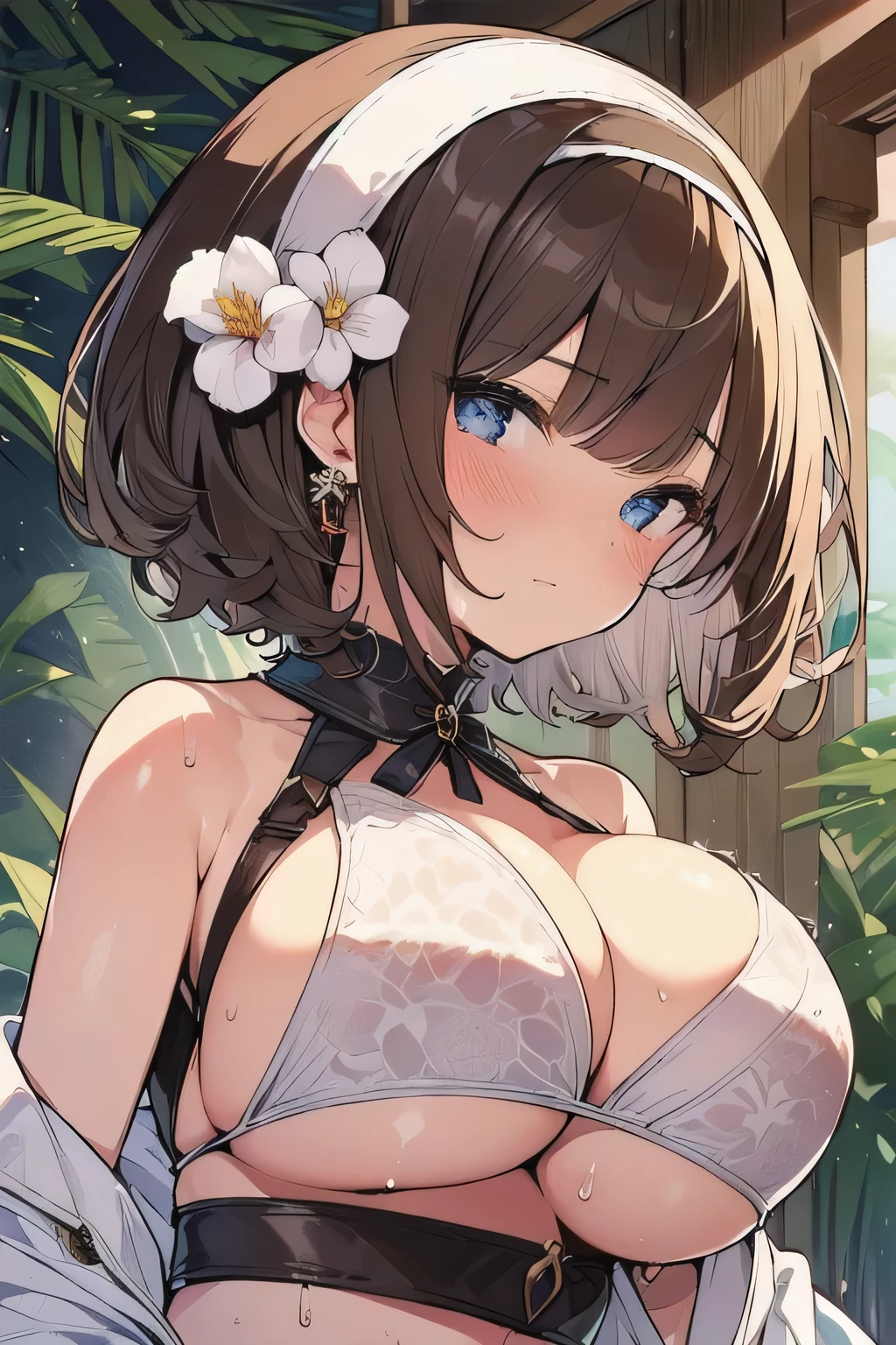 (best quality), (Super detailed), (Best Illustration), (1woman), look at viewer, (flower pattern bikini), (Big Breasts:1.2), {brown hair, (bob cut:1.2), curly hair, hairs between eyes}, {(detailed eyes), heart-shaped pupils, blue eyes}, sweat, steam, earrings, white hairband