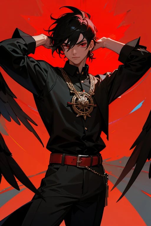 Chico de cabello rojo , camisa de color negro, black pants, leather belt, ojos marrones, alas de cardenal  en la espalda, plumas negras con puntas rojas, muscular complexion, thin golden aztec medallion.vendaje rojo en el brazo 