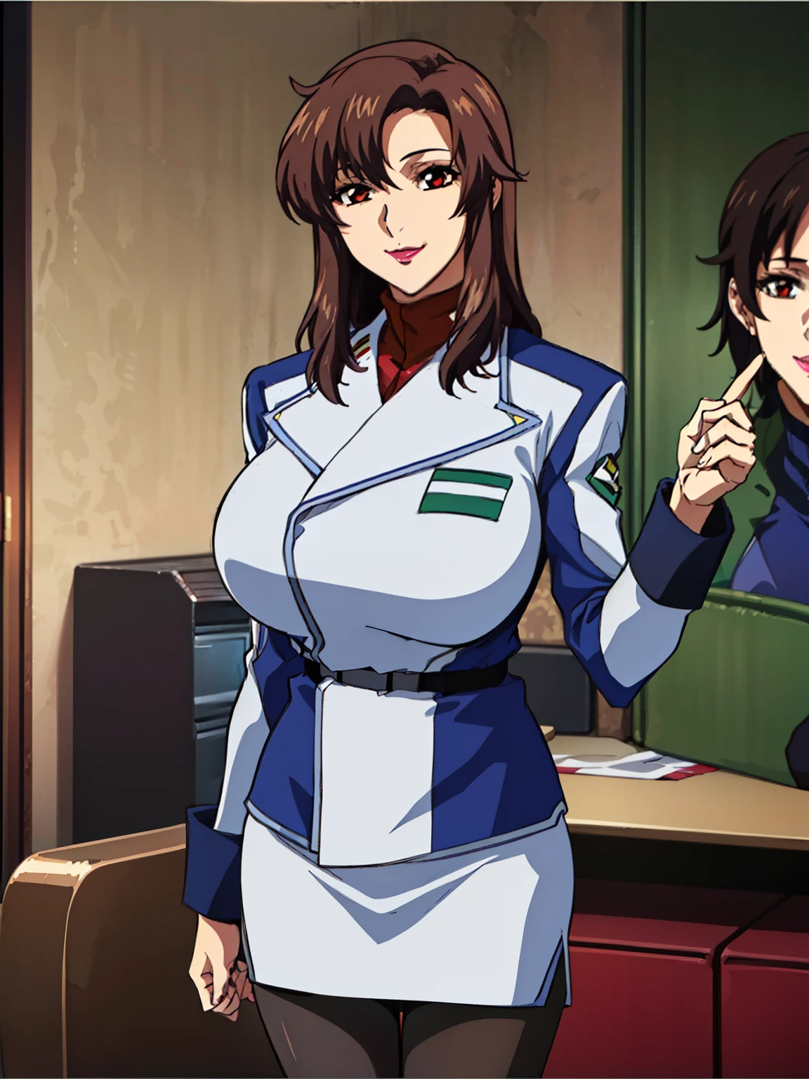 (livingroom background), sexy pose, military uniform, military,jacket,blue and white uniform, (topless uniform), Skirt, (black_pantyhose:1.3), Murrue Ramius, mature woman, anime cels style, best quality, high resolution, 1girl, (huge breasts:1.2), beautiful face, Beautiful Finger, Beautiful long legs, Beautiful body, Beautiful Nose,Beautiful character design, bangs, brown hair, long hair, red eyes, lipstick, makeup, (cowboy shot), smiling, looking at viewer