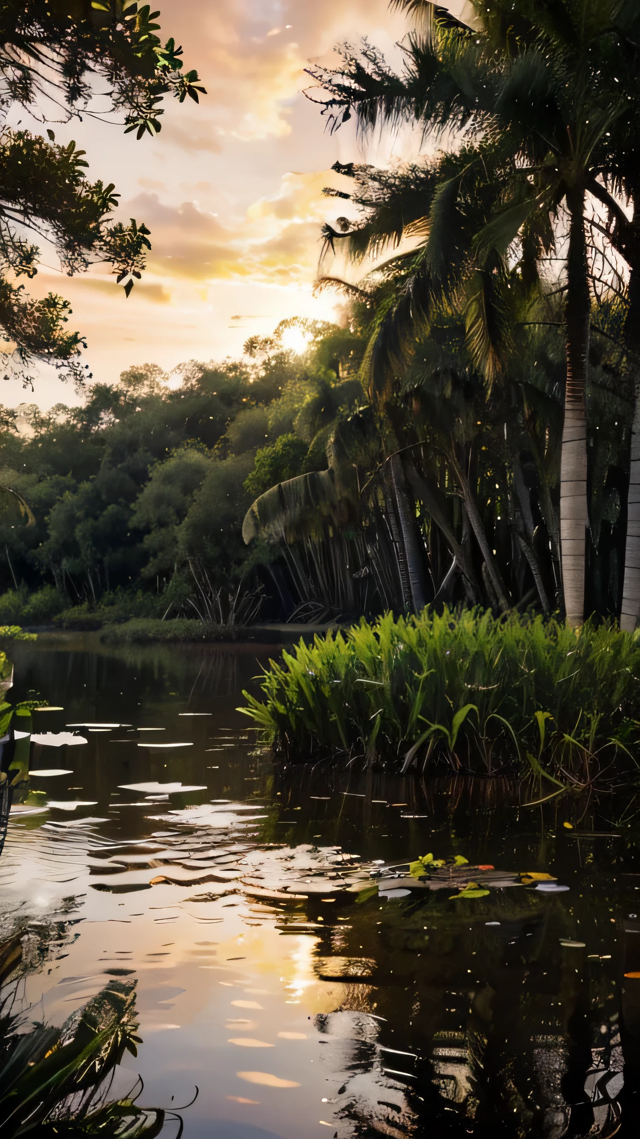 there a large lake with lily pads on it,there is a wooden bridge crossing, coconut trees, flickr, hurufiyya, louisiana swamps, scene from louisiana swamps, harmony of swamp, backwater bayou, red and orange sky,sunset,swamp landscape, rocks on swamps, cypress trees, swamp, swamp land, bayou, tall bamboo trees, banana trees,swamp forest, swampy atmosphere