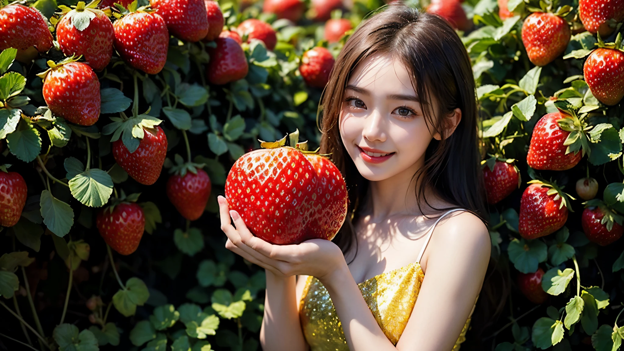 Beautiful Korean Girl, 1 Solo Girl, 20 years Girl, Beautiful Smile, ((smile: 1.2)), ((Masterpiece: 1.4)), ((Ultra HD Image quality)), ((Realistic)), 64k, Natural Human Skin, Soft skin, CG unity 8k wallpaper, Superb beautiful face, ((Yellow Glitter Sweetheart Homecoming Dress)), Black long Hair, Black beautiful eyes, Smooth human skin, Real skin, ((strawberry plants, strawberry orchards, so many strawberry plants, red Colour Strawberries)), Sitting in Strawberry orchards on  grass surface, beautiful nature, very calm nature, peaceful nature, High resolution pictures, ((detailed girl)), ((Detailed background)), ((Detailed Face)), ((Detailed Dress)), ((detailed strawberry orchards)), ((Detailed nature)), Evening Light, agriculture fields 