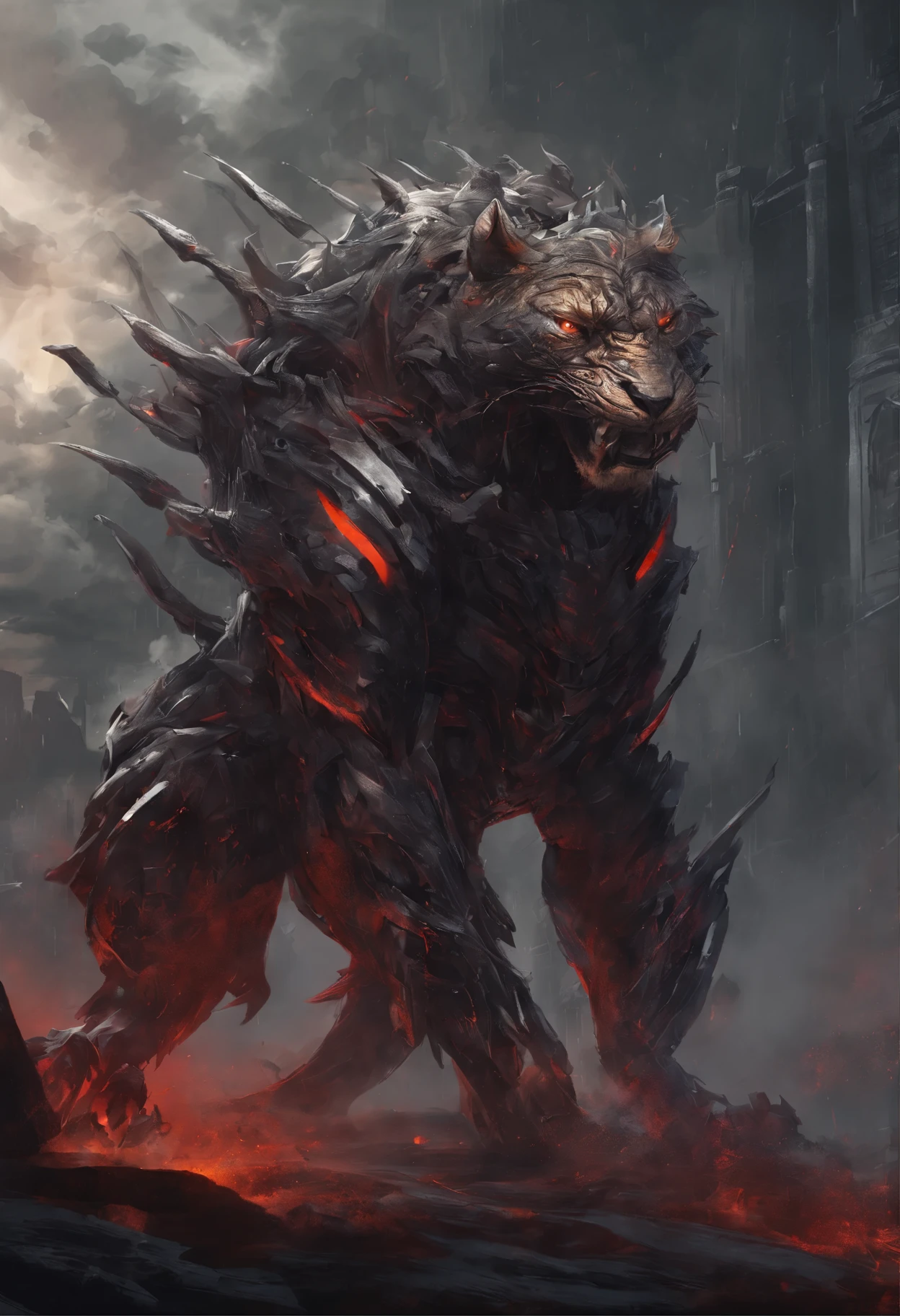 strange monsters in fantasy world,Saber Tiger,Long canines,strong limbs,enveloped in flames,Blood,A night covered in thick spikeedium shot scenes,Like the whole body, Highly detailed surreal VFX,OC Rendering,Shot with a 70mm AR16:9 --q 2 --s 1000