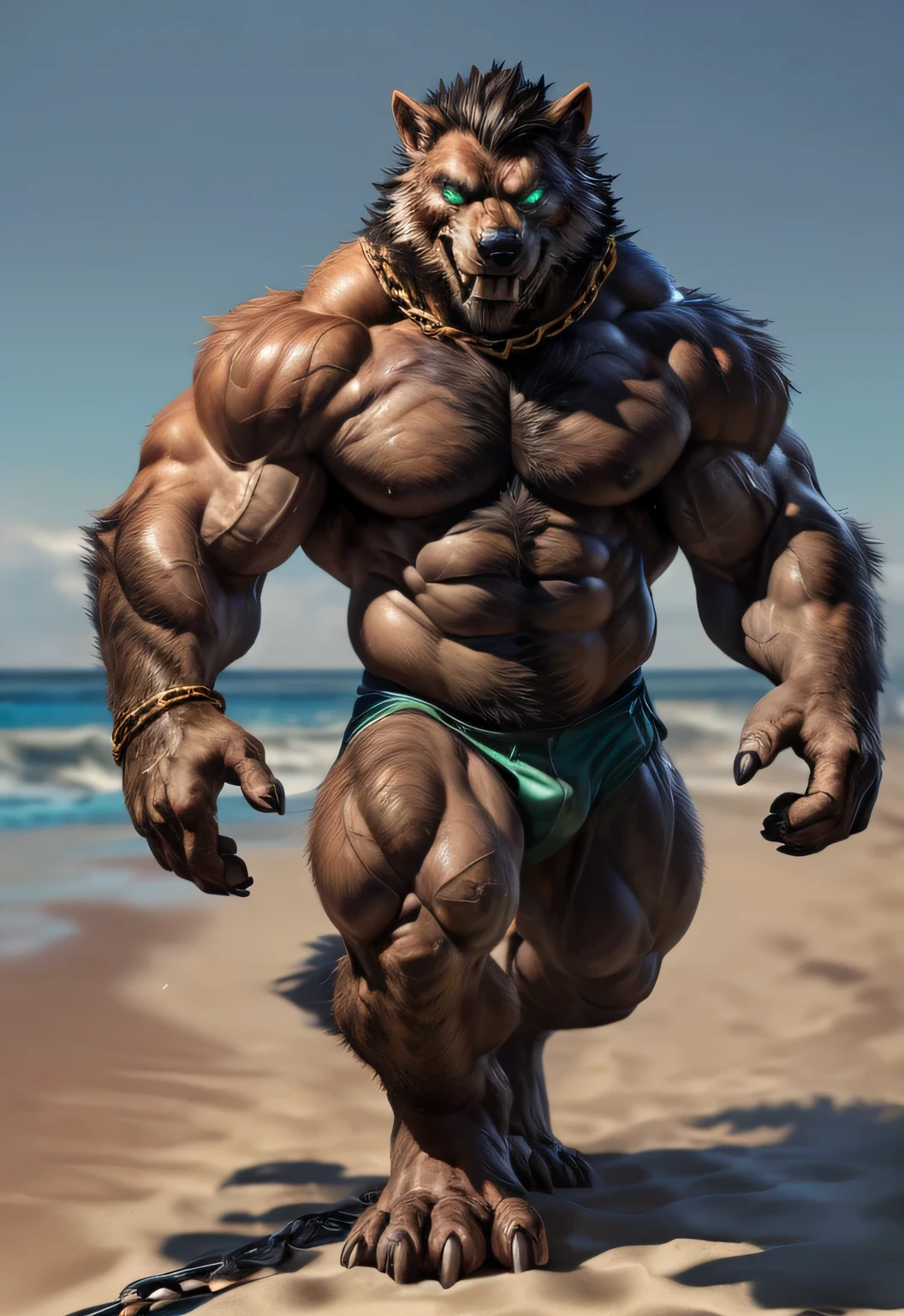 4k, high resolution, best quality, perfect colors, perfect shadows, perfect lighting, ((full bodyportrait)), posted on e621,image of an alone, (muscular), (Male human werewolf):1.3, Orange fur, white chest fur, black beard, black hair (solo, anthro werewolf, male, adult, (heavily muscular, manly, brutal, masculine:1.4), masculine), (Common:1.4) (runner):1.23, (Wearing a green short and a red hawaian open shirt , exquisite green eyes, wolf tail, (exquisite eyes,claws in hands,Cute animal paw,Sticking out tongue, realistic fangs,careless person,Air leakage in lower body,wet body,glowing eyes):1.1, (in the beach:1.35), In the sand,running on the sand,dim,be licked,enjoy,obsessed, (Gold collar, chain collar),Submit to,caress,drunk,Smile,enjoy,looking at camera,Submit to,having fun,Detailed background,realistically,realistic hand,8k high dynamic range,(shadow,wide dynamic range,high dynamic range,emphasize:1.2), (photorealistic fur, detailed fur, epic, masterpiece:1.2), sexy shadows, (by echin, by Taran Fiddler, by takemoto arashi, by Traver009, by Juiceps), (detailed eyes:1.2), impressive physique