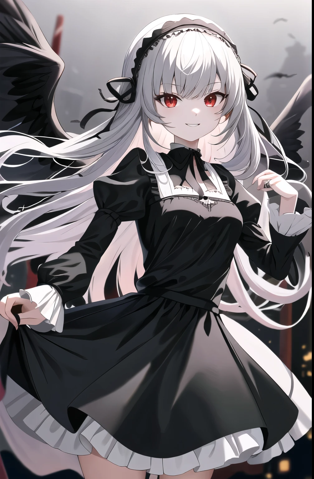 masterpiece, highest quality, High resolution, sui1, One girl, alone, suigintou, Red eyes, Long Hair, Gothic Dress, Gray Hair, Rose hair ornament, Long sleeve, gothic hair band, ribbon, Black Dress, Black wings, Cowboy Shot, wariza, smile, Reaching out, Spread your arms,