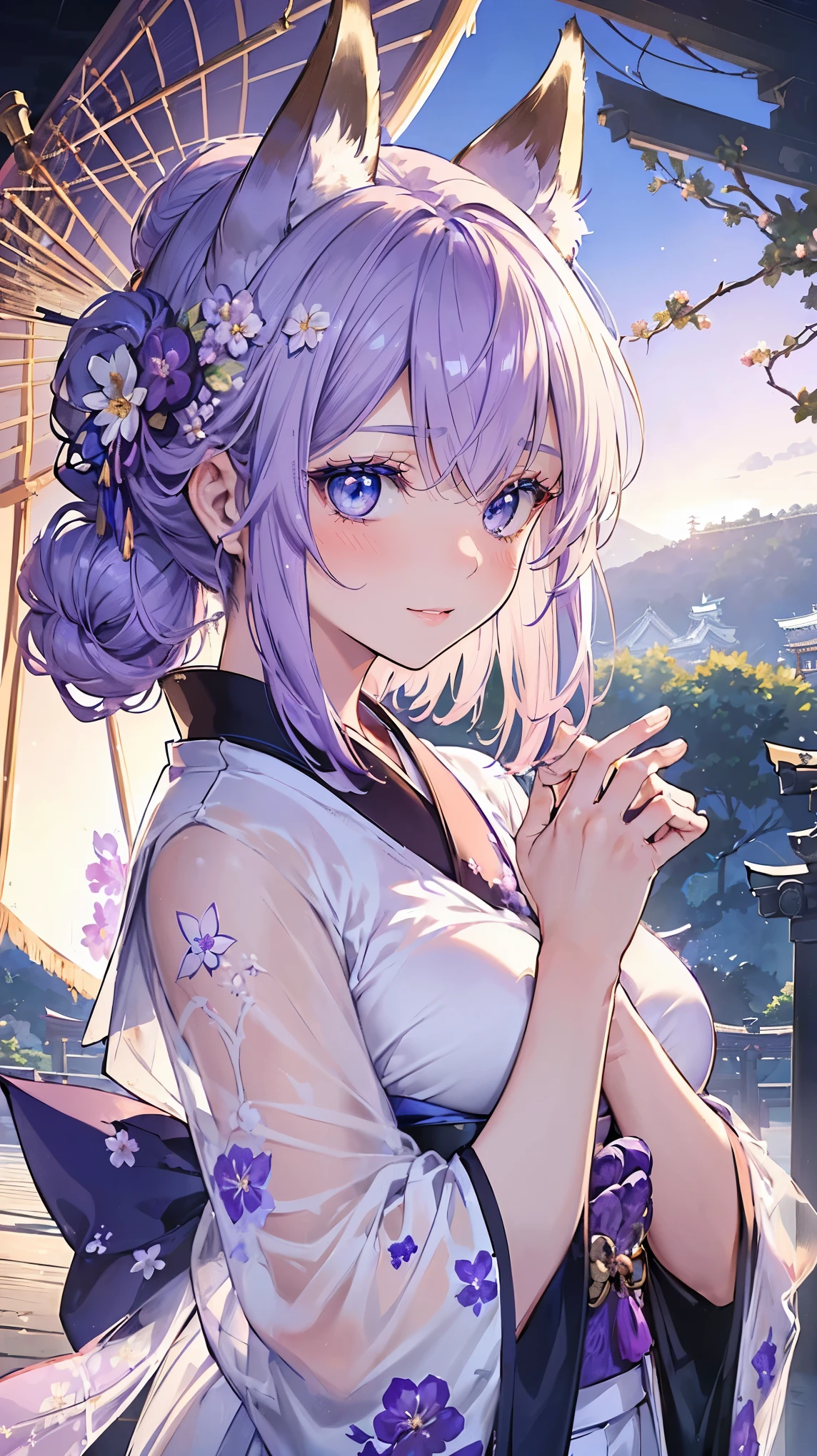 (((Masterpiece))), (((Highest quality))), ((Ultra-detailed)), ((Super fine illustration)), ((Ultra-fine painting)), (16K highest quality wallpaper:1.4), (Upper body:1.6), HDR, (Highly detailed and delicate illustration style:1.8), Detailed skin texture, Detailed cloth texture, Extreme detailed description, (T-masterpiece), (Highly detailed face:1.2), (Highly detailed purplefox ears:1.2), (Highly detailed shiny purple half updo:1.2), (Highly detailed clear blue eyes:1.2), Original, RAW photo, Professional, Intricate details, Super details, Direct light:1.6, (Perfect anatomy:1.4), (Highly detailed hands:1.2), (Highly detailed fingers:1.2), (Highly detailed fingertips:1.2), (27-years-old), Real, (Solo:1.8), ((A very beautiful and attractive purple fox fashion model with blue eyes wearing a bright purple furisode with a floral pattern:1.4)) BRAKE (Beautiful and adorable purple fox ears:1.6), (Highly detailed and delicate purple fox ears:1.4), (Beautiful and well-shaped big breasts:1.2), (Beautiful and well-shaped buttocks), (Beautiful and shiny purple half updo:1.4), (Highly detailed and delicate purple half updo:1.2), (Beautiful clear blue eyes that shine with great detail:1.6), (Highly detailed and delicate blue eyes:1.2), (Highly detailed face:1.4), (Smile:1.5), (Blush:1.4), (Looking at viewer:1.4), (Celebration:1.4) BRAKE (Bright purple furisode with floral pattern:1.4), (Japanese traditional costume:1.2) BRAKE (Concept art:1.2), (Detailed fantasy art:1.2) BRAKE (Highly detailed and delicate Ise Grand Shrine in Mie Prefecture in the background just after noon in spring:1.6), (Celebration:1.4), Ise Grand Shrine:1.4, Torii gate of Ise Shrine:1.4, cherry blossoms:1.2, Very beautiful in the sunny sky background just after noon:1.4 BRAKE