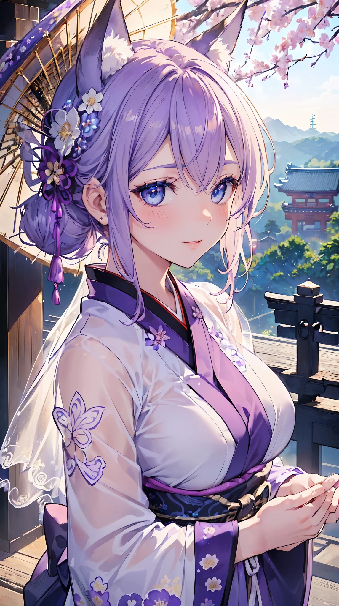 (((Masterpiece))), (((Highest quality))), ((Ultra-detailed)), ((Super fine illustration)), ((Ultra-fine painting)), (16K highest quality wallpaper:1.4), (Upper body:1.6), HDR, (Highly detailed and delicate illustration style:1.8), Detailed skin texture, Detailed cloth texture, Extreme detailed description, (T-masterpiece), (Highly detailed face:1.2), (Highly detailed purplefox ears:1.2), (Highly detailed shiny purple half updo:1.2), (Highly detailed clear blue eyes:1.2), Original, RAW photo, Professional, Intricate details, Super details, Direct light:1.6, (Perfect anatomy:1.4), (Highly detailed hands:1.2), (Highly detailed fingers:1.2), (Highly detailed fingertips:1.2), (27-years-old), Real, (Solo:1.8), ((A very beautiful and attractive purple fox fashion model with blue eyes wearing a bright purple furisode with a floral pattern:1.4)) BRAKE (Beautiful and adorable purple fox ears:1.6), (Highly detailed and delicate purple fox ears:1.4), (Beautiful and well-shaped big breasts:1.2), (Beautiful and well-shaped buttocks), (Beautiful and shiny purple half updo:1.4), (Highly detailed and delicate purple half updo:1.2), (Beautiful clear blue eyes that shine with great detail:1.6), (Highly detailed and delicate blue eyes:1.2), (Highly detailed face:1.4), (Smile:1.5), (Blush:1.4), (Looking at viewer:1.4), (Celebration:1.4) BRAKE (Bright purple furisode with floral pattern:1.4), (Japanese traditional costume:1.2) BRAKE (Concept art:1.2), (Detailed fantasy art:1.2) BRAKE (Highly detailed and delicate Ise Grand Shrine in Mie Prefecture in the background just after noon in spring:1.6), (Celebration:1.4), Ise Grand Shrine:1.4, Torii gate of Ise Shrine:1.4, cherry blossoms:1.2, Very beautiful in the sunny sky background just after noon:1.4 BRAKE