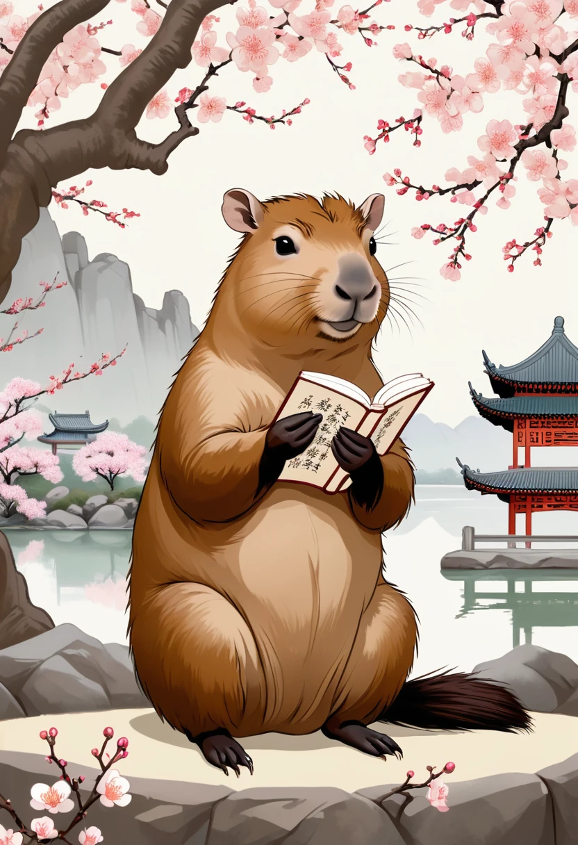(a cute capybara), sit in quiet contemplation under a graceful plum blossom tree, his fingers lightly touching the pages of a timeless text, a serene aura surrounds him, Subtle Plum and Ivory Tones, Tranquil Chinese Garden, Historical Masterpiece, Exquisite Craftsmanship, Monumental Mural, (masterpiece, best quality, perfect composition, very aesthetic, absurdres, ultra-detailed, intricate details, Professional, official art, Representative work:1.3)