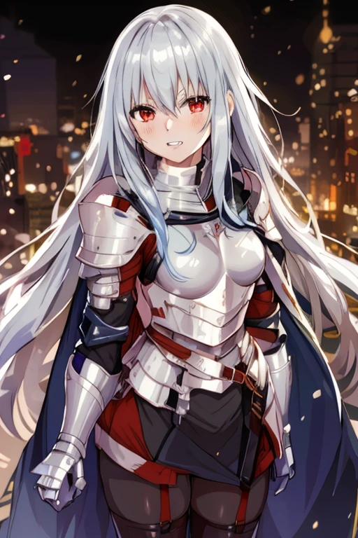 anime girl in armor with red eyes standing on rooftop overlooking city, silver armor and red clothing, anime style like fate/stay night, badass anime 8 k, armor girl, from arknights, epic light novel art cover, light novel cover art, portrait of a female anime hero, with sleek silver armor, epic light novel cover art, covered in full silver armor