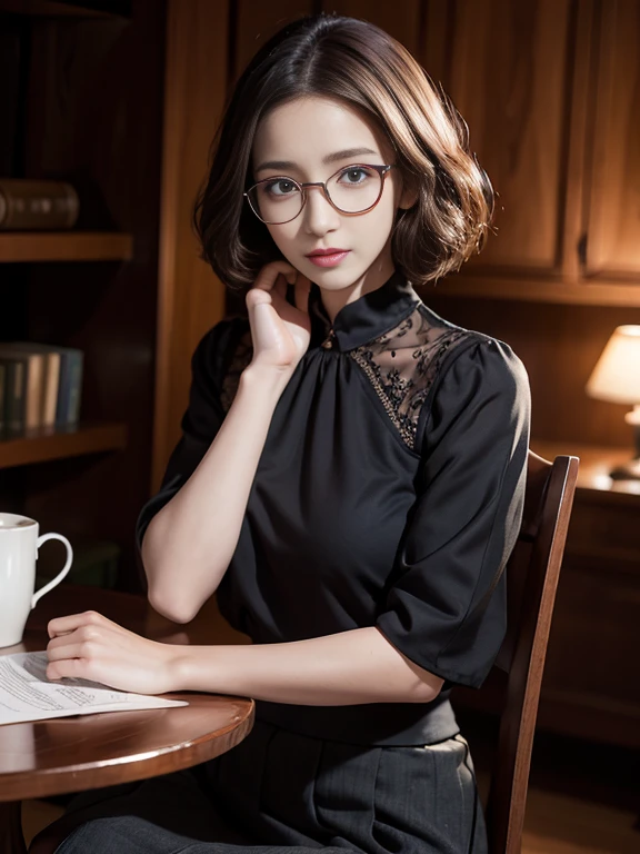 (Realistic、High resolution:1.3),alone, One Girl, masterpiece, highest quality, Very detailed, Cinema Lighting, Intricate details, High resolution, Official Art, Beautifully detailed face and eyes, High resolutionのイラスト, 8k, (Short Bob Hair), Ash Brown Hair:1.3, Very thin body, ((Long skirt、Black blouse :1.3)) 、Single Blade, blue eyes, Glasses, Conceit, Sit on a chair, Upper Body, Big Breasts, White shirt, Book_stack, library, ((vine)), Looking at the audience