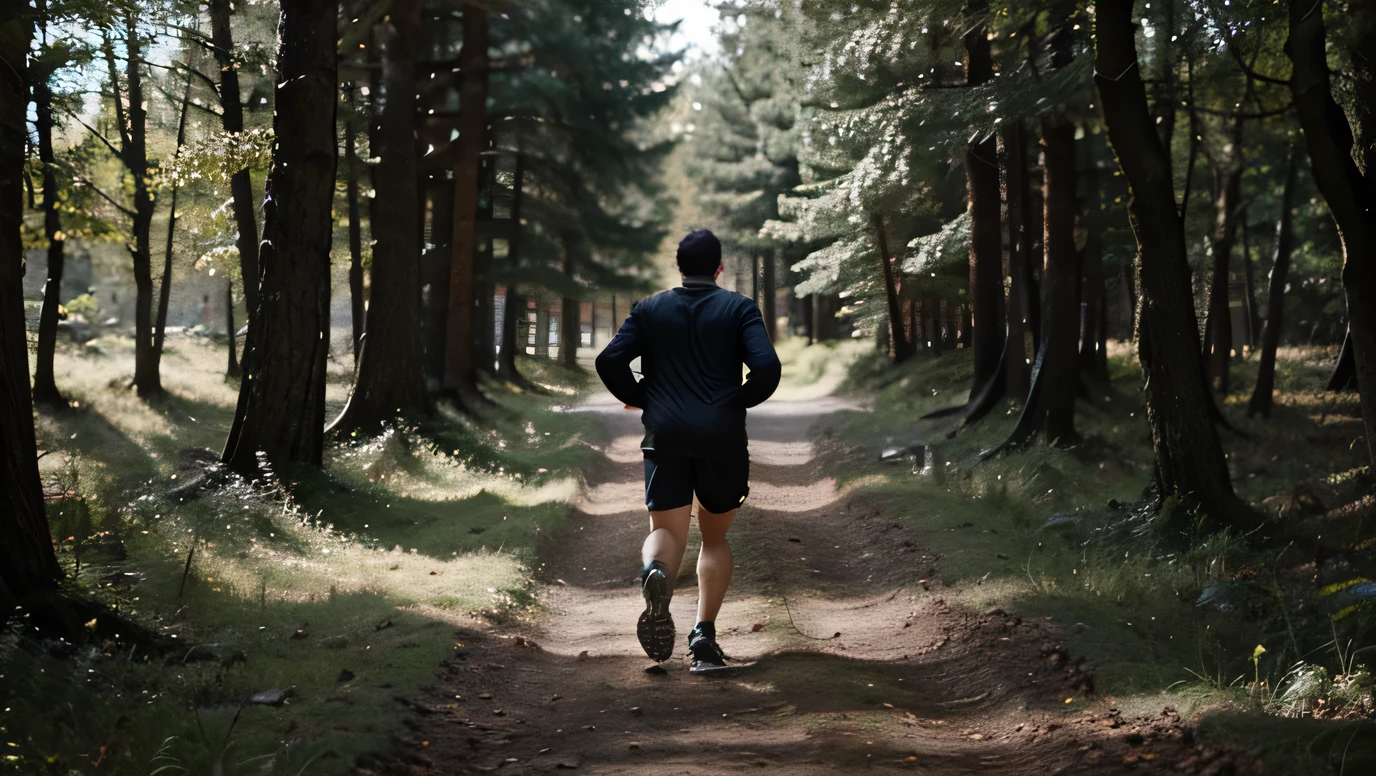 male running away from backview. in the forrest, running a path down. dark wood