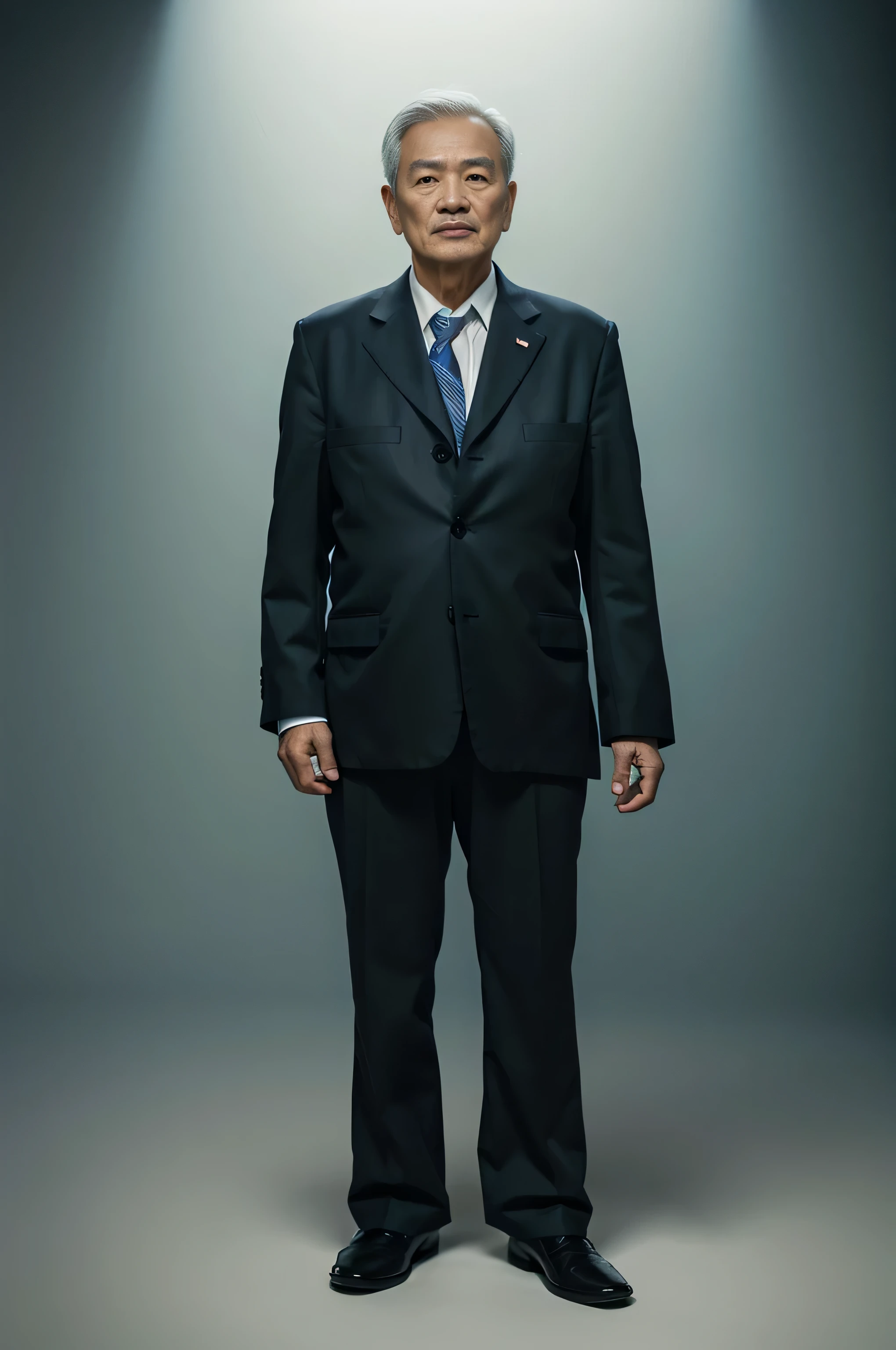 Highly realistic photo, ((masterpiece), (best quality), (raw photo), (photorealistic:1.4),Photo full body Vietnamese old man, 75 years old, light Blue suit, white shirt, light green background, in the photorealistic style , photo taken by Sony A7IV