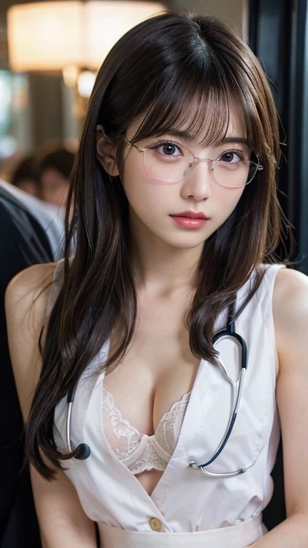 1 girl, Very bright backlight, alone, {Beautiful and detailed}, Photo from inside a crowded train, Very beautiful big (chest:1.5) And a small waist ((chestを押す)) 、Big Breasts,Calm expression, Natural soft light,, Delicate features, Blunt bangs, Beautiful Japanese Girl,20-year-old, ((Model pose)), attractive figure,(Blonde), Light grain, Real Hands, masterpiece, highest quality, Realistic, Very detailed, In detail, High resolution,Beautiful long hair, Perfect dynamic composition, Beautiful and beautiful eyes, Japanese Idols,((Embarrassing)),Sharp focus, beauty mix, (Female doctor:1.3),Movie Girl,Exhibitionism,semi-long,Curly Hair,garter belt,Glasses