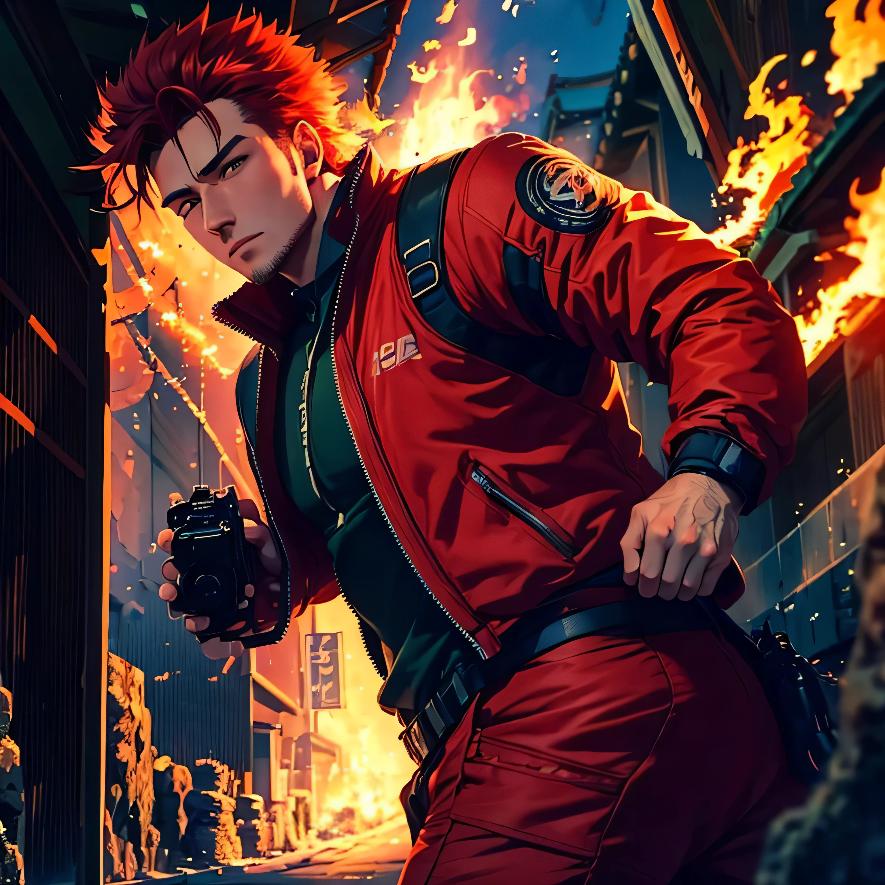 Masculine Red-Headed Man, Wearing Red-Leathered Jacket, Taking Video to the Right Side View, Holding a Video Camera, Sorrounded by Flames, Name Tagged "GENJI".