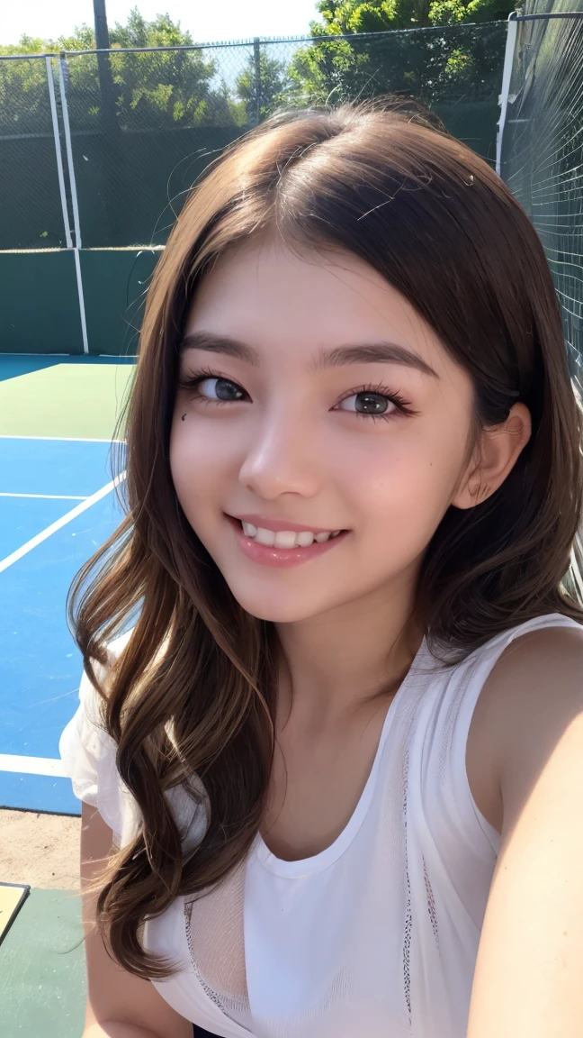 Realistic, masterpiece, highest quality, Highest Resolution, One Japan , 16 years old, Upper body photo, She narrowed her eyes..、Look at me with a shy smile, Laughing with your mouth open, How to draw beautiful and delicate eyes, (Droopy eyes:1.3), Dark Eyes, Thin eyebrows, Draw eyelashes carefully, I can see your teeth, Gal Makeup,  (Brown and white wavy hair with white mesh, Long Hair, middle part:1.3), (Hidden eyelid wrinkles:1.3), Wearing tennis clothes, White pleated skirt, gray, A was taken from diagonally below., Tennis court、First tennis racket、A refreshing college student、after school、Tennis with friends、Active Scene、
