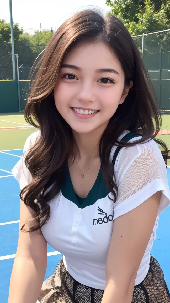 Realistic, masterpiece, highest quality, Highest Resolution, One Japan , 16 years old, Upper body photo, She narrowed her eyes..、Look at me with a shy smile, Laughing with your mouth open, How to draw beautiful and delicate eyes, (Droopy eyes:1.3), Dark Eyes, Thin eyebrows, Draw eyelashes carefully, I can see your teeth, Gal Makeup, (Brown and white wavy hair with white mesh, Long Hair, middle part:1.3), (Hidden eyelid wrinkles:1.3), Wearing tennis clothes, White pleated skirt, gray, A was taken from diagonally below., Tennis court、First tennis racket、A refreshing college student、after school、Tennis with friends、Active Scene、