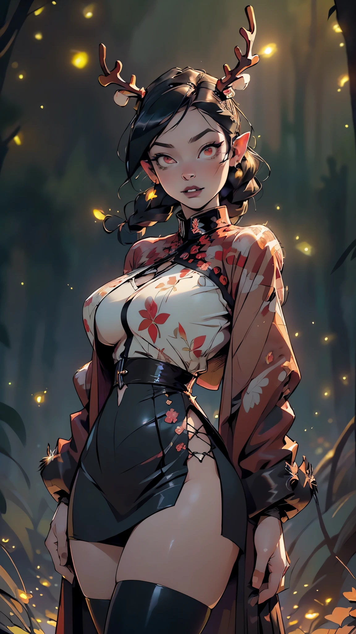 gothic reindeer girl,(((1girl))),((extremely cute and beautiful black hair anime gothic reindeer girl)),
(((anthro furry:1.2), Playboy_Reindeer, reindeer_antlers,(huge antlers:1.5,dear antlers:1.5,blooming antlers:1.5))),(large breasts:1.4),saggy breasts,((((black hair, two long braids:1.35,large hair, long braids,ear breathing)))),(((red_eyes:1.3))),intricate eyes,beautiful detailed eyes,symmetrical eyes,big eyes:1.5,(((lustrous skin:1.5,bright skin: 1.5,skin tanned,shiny skin,very shiny skin,shiny body,plastic glitter skin,exaggerated shiny skin,illuminated skin))),(spider lower abdomen,narrow waist,wide hip,athletic body,inflated legs,thick thighs,detailed body,(detailed face)),
cute,slutty,seductive,erotic,(((nsfw))),
zettai ryouiki,revealing clothing,show skin,(((Sexy goth fur coat, goth fur coat outfit,wearing a goth fur coat:1.3,dark red coat))),((red goth mini-skirt,red goth mini skirt,visible thong straps, navel)),((underpants strap)),(red gothic clothes,semi-naked,with little goth clothing),((((Black Eyeshadow,Thick Black Eyeliner,Long Dramatic Eyelashes,Black Lips))),(((intricate outfit,intricate clothes,embroidered outfit,ornate outfit))),
(dynamic pose:1.0),embarrassed,(centered,scale to fit dimensions,Rule of thirds),
((((many fireflies,fireflies,glowing fireflies,fireflies in the background)))),
((deep and dark cavern)),(mysterious lights in the background, stalagmites, stalactites),scenery:1.25,intricate scenery,((deep and dark cavern background)),
(Glossy ornaments),highres,sharp focus,(ultra detailed,extremely detailed),(photorealistic artwork:1.37),(extremely detailed CG unity 8k wallpaper),(((vibrant colors,vibrant theme))),(intricate),(masterpiece),(best quality),artistic photography,(photography taken by sldr),(intricate background),perfect rendered face,perfect face details,realistic face,photo realistic,((intricate detail)),(((realism))),