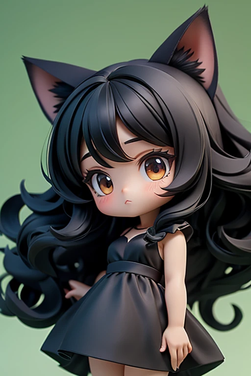 1 girl,long hair,simple background,solo,green background,black hair,black dress,whole body,Cat ear