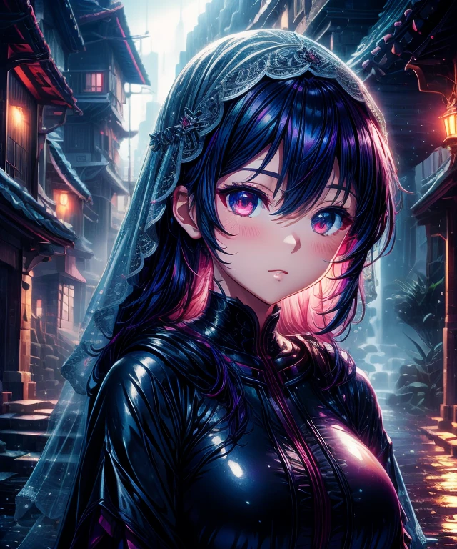 sakimichan style, wlop style, portrait, finely detailed face, beautiful woman, plump lips, opaque veil, medieval veil, headrail, 12th century, heterochromia eyes, iridescent eyes, medieval clothing, bliaut, lord of the rings gown, close to perfection, beautiful anime style, character panorama, clean and detailed face, glowing shadows, beautiful gradients, depth of field, clean Graphics, high quality, high detail, high definition, Luminous Studio graphics engine
