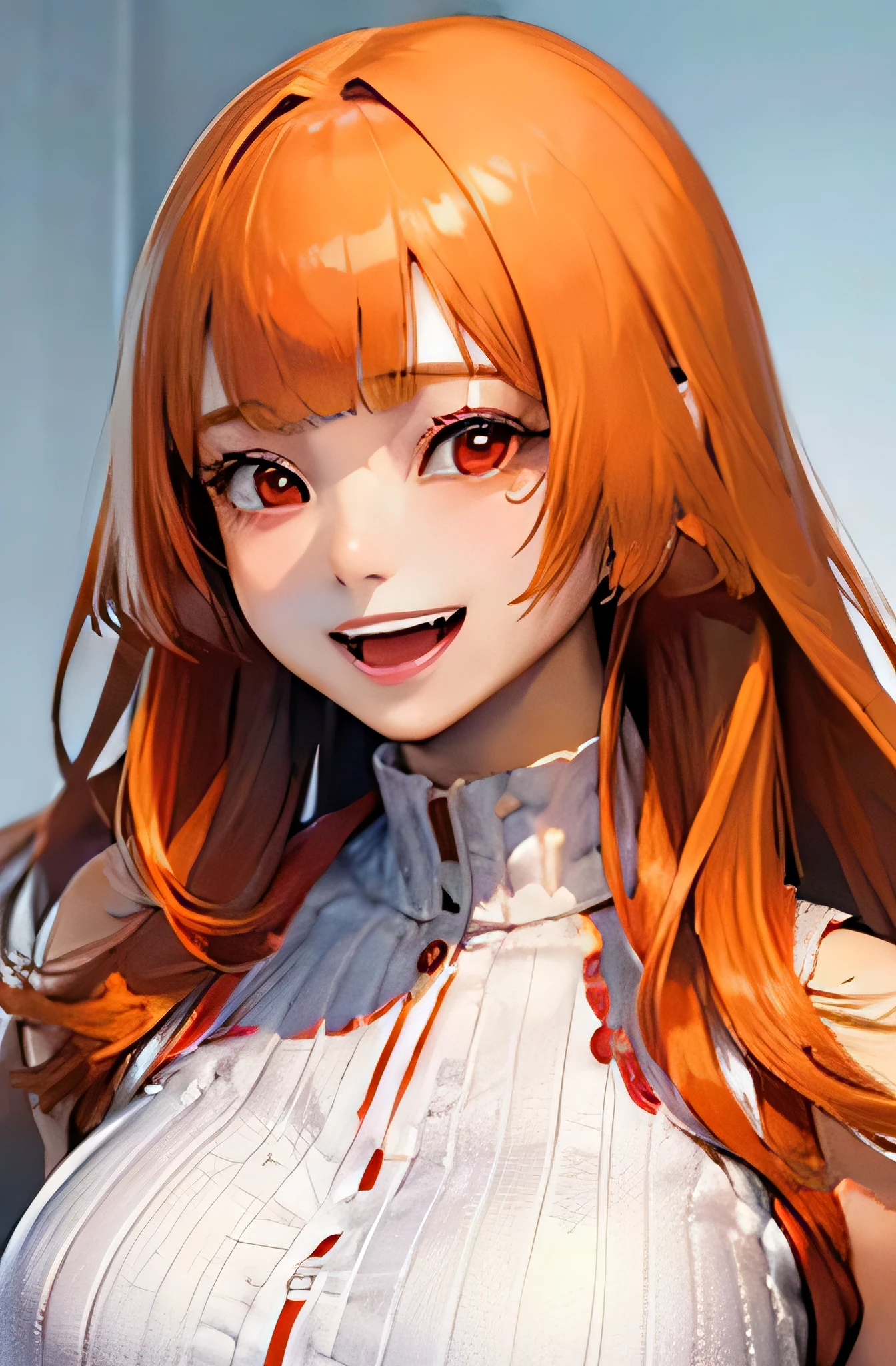 /*General image quality*/ (8k, RAW photo, best quality, masterpiece:1.2), ultra detailed, ultra high res, high-resolution,(realistic, photo realistic:1.4),depth of field, realistic shadow, caustics, natural shading, photon mapping, fine-textured, perfectly focused,
/*Detailed image quality*/ cinematic lighting, soft lighting, HDR, SIGMA 24 mm F/2.8, ISO 400, 1/125 sec shutter,an extremely delicate and beautiful, extremely detailed, 8k wallpaper, Amazing, finely detail, huge file size, extremely detailed CG, unity 8k wallpaper, official art, perfect artwork, production art,
BREAK
/*figure*/
1girl, (20 years old:1.2), cute girl, pretty girl, perfect idol, kawaii,realistic body, , gravure model,realistic skin texture, fair skin, shiny skin, slender body, good figure, gleaming skin,
BREAK
/*system*/
glamorous,tall,large breasts,
BREAK
/*Hairstyle*/
(((((blunt bangs))))),(((((orange hair))))),(((((straight hair))))),(((((long hair))))),
BREAK
/*eye*/
beautiful eyes,(((((red eyes))))),
BREAK
/*expression*/
(((((((cheerful))))))),
BREAK
/*Pause*/
arms behind back,
BREAK
/*angle*/
upper body,
REAK
/*place*/
white background,
BREAK
/*Brightness*/
sunlight,