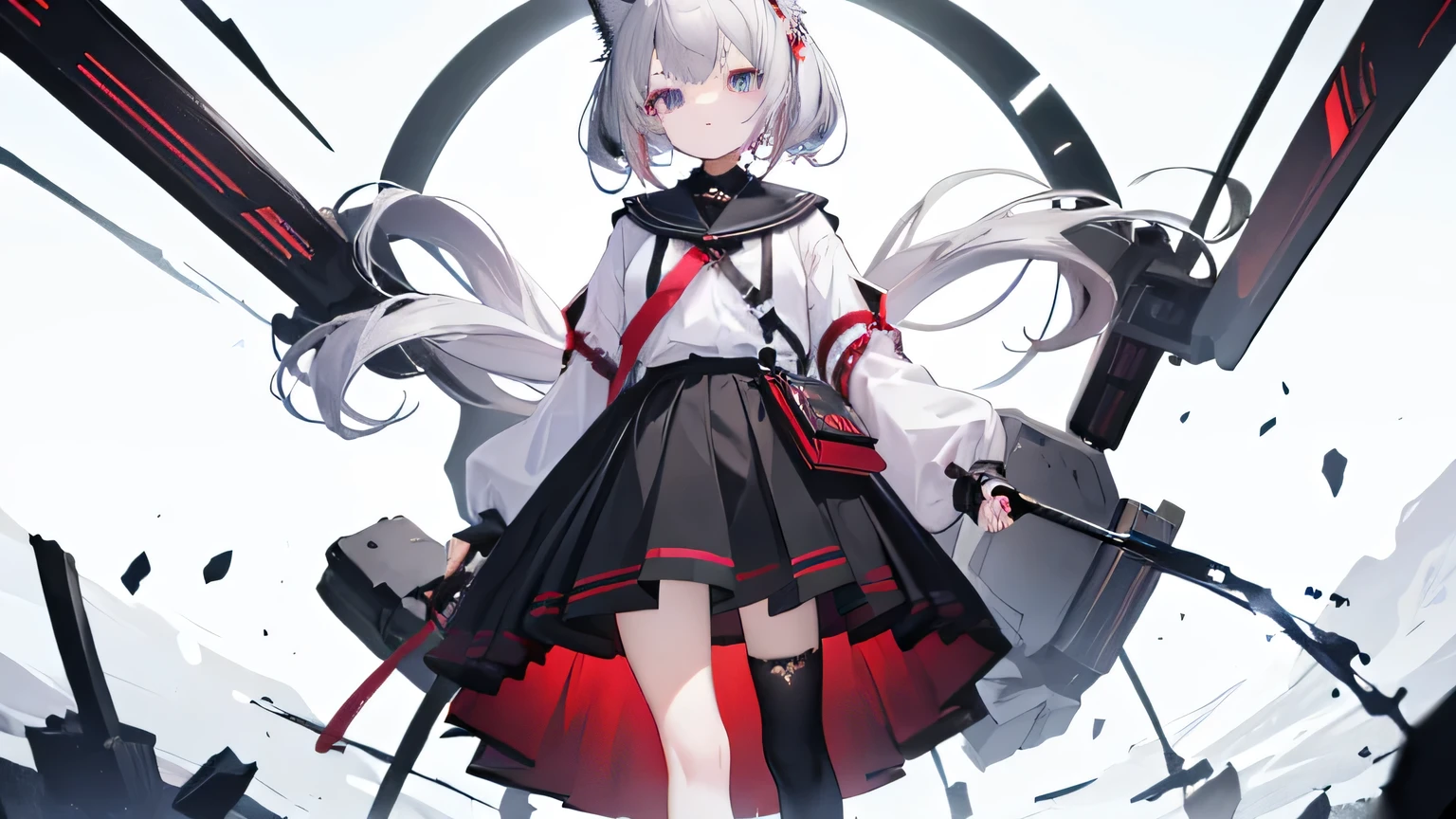 ((masterpiece、highest quality))、1 girl、Short Hair、Gray Hair、dress、uniform、short、Black Shirt、skirt、black skirt、socks、Black socks、anime、cool、Flat Chest、Perfect eyes staring at the viewer、Portrait、Cold Eyes、Ready to Battle、Intimidating、I have a sword、The background has an aura、Glaring at the camera(angry),No cat ears、Standing