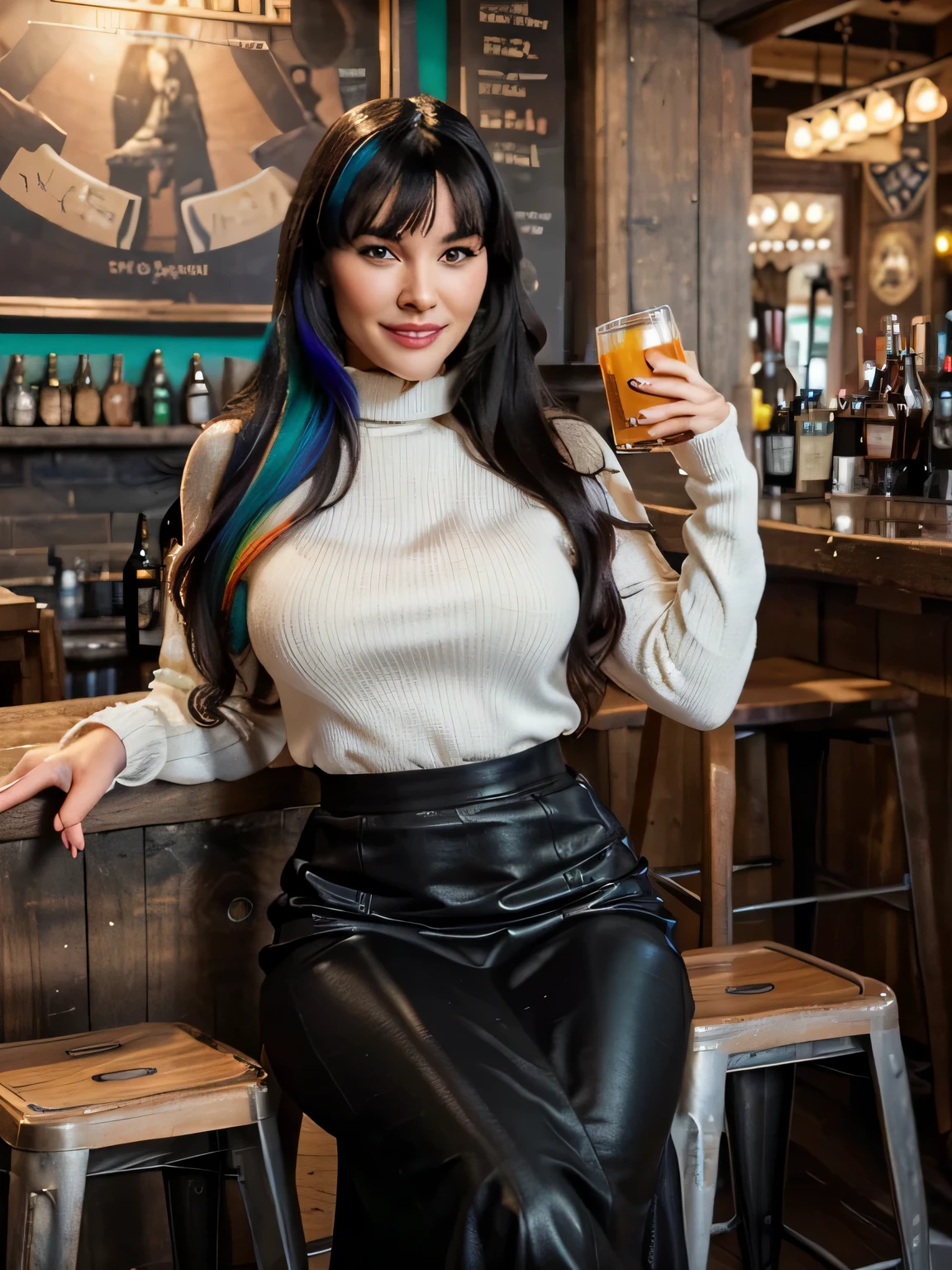 proFessional portrait photograph oF a gorgeous Smiling Bettie page  girl in winter clothing with long wavy Black hair, black long maxi-skirt(black long maxi-skirt:1.2),sultry Flirty look, gorgeous symmetrical Face, joli maquillage naturel, wearing elegant warm winter Fashion clothing, black leather gloves, ((sitting on a stool inside an english pub drinking a beer)), bag on her shoulders,superbe environnement urbain moderne, ultra realistic, art conceptuel, elegant, Very detailed, complexe, sharp Focus, depth oF Field, F/1. 8, 85mm, Coup moyen, midplane, (((proFessionally color graded))), bright soFt diFFused light, (volumetric Fog), tendance sur Instagram, hdr 4k, 8K