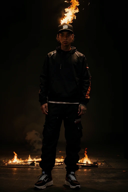 Streetwear clothing presentation, with black background and light flames of fire behind, 