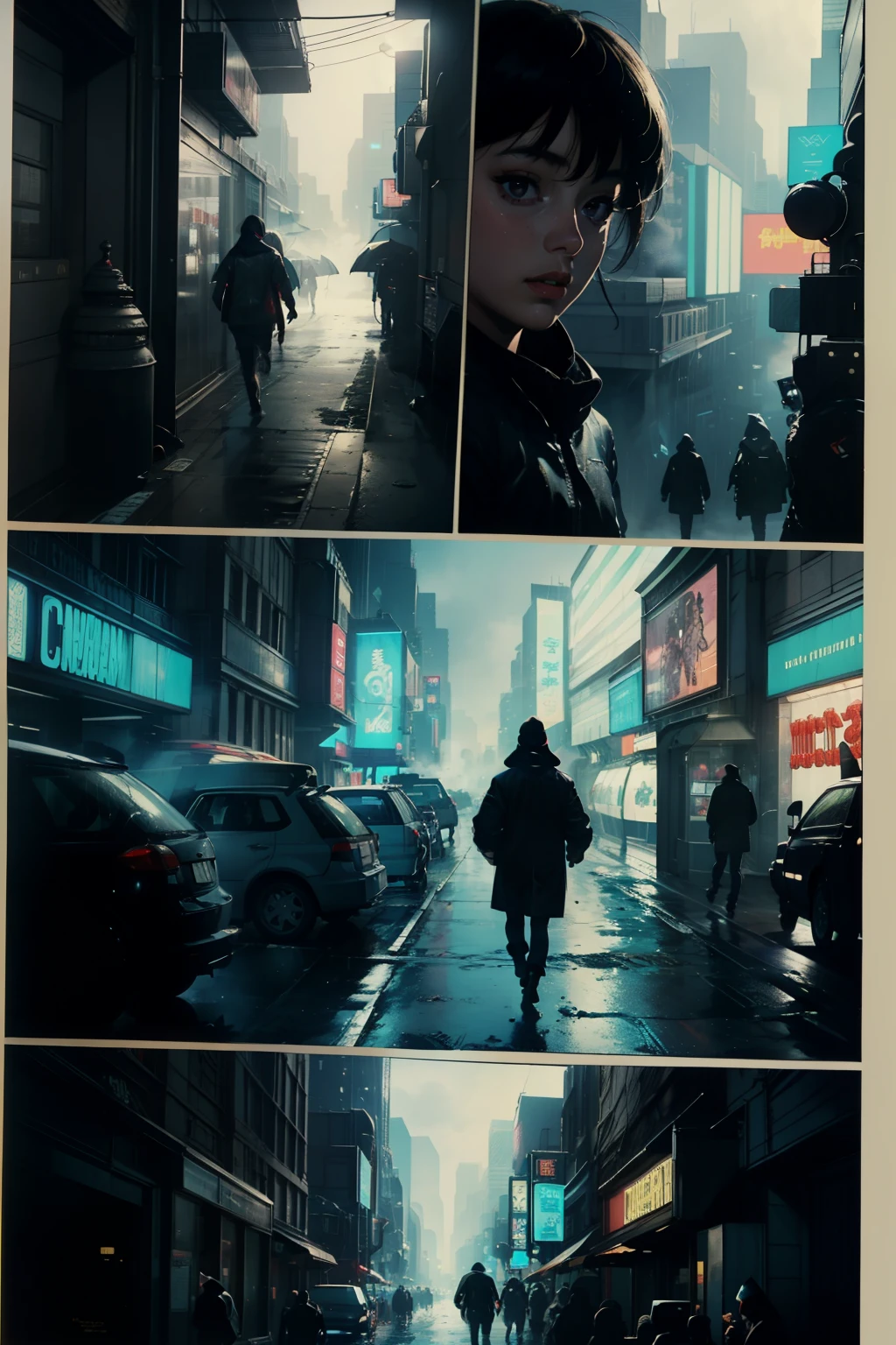 ((highest quality)), ((masterpiece)), (be familiar with), (High definition), (Accurate), (Realistic), (Cinematic), (Best Shadow), (Low contrast), (8K), Perfect Face, ((SYD MEAD style)), manga、mangaデザイン、Storyboard、Frame division、((1 Girl))、(Replicant), ((Black Hair, very short hair, Blue Eyes)), (Black hooded raincoat)、Glittering neon signs、congestion, congestion, Decadent Future City, NEO TOKYO, A.D.2051, (steam:1.2), It's raining white, evening,